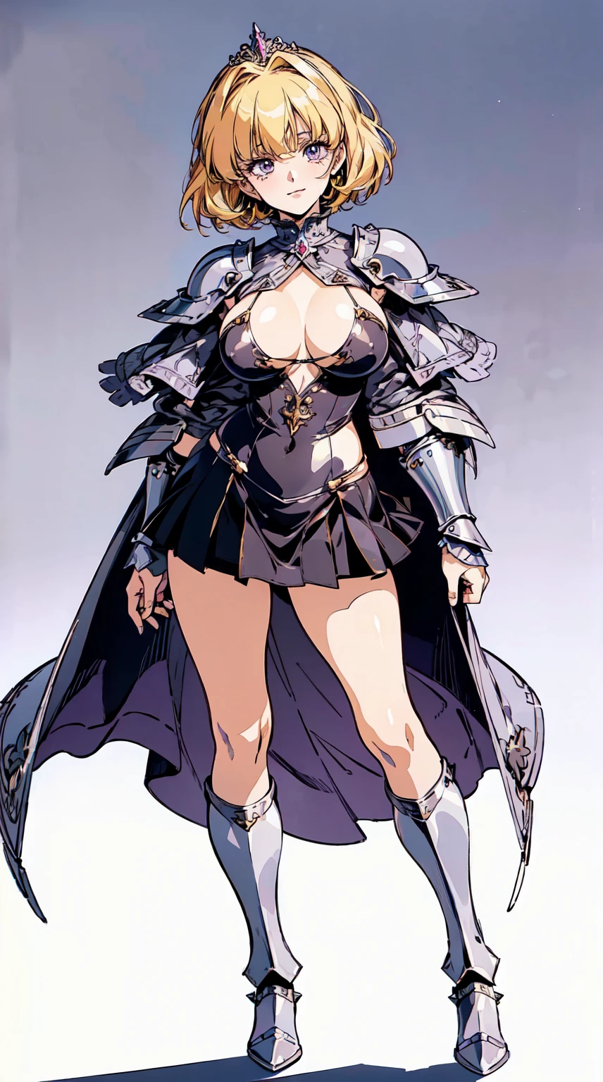 "(masterpiece:1.1), best quality,
1girl, (80s anime style:1.4), (eyelashes:1.5),(loli:1.2),
(intricate high detailed body:1.2),
black hair,
(forehead, hair slicked back:1.2), (twintails:1.1), (headband:1.2),
green eyes, (red lip stick, detailed pupils:1.1),
(huge breasts:1.1),
expressionless,
(string bikini armor, corset:1.2),
(knight armor, armored boots:1.2), (belts:1.1), (streaked hair:1.2), hand cuffs,
standing,
(full body, looking at viewer, from front:1.1),
(simple white background:1.2)"