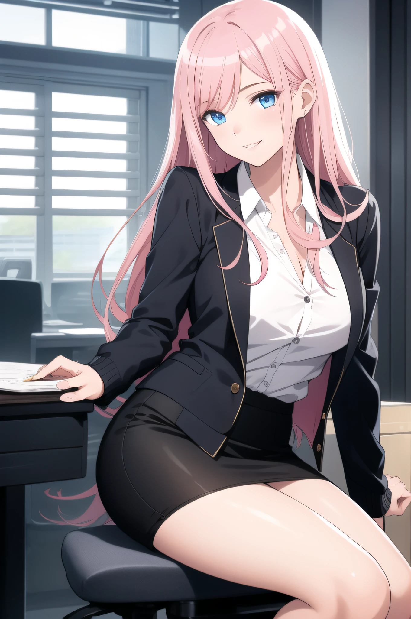 (masutepiece, Best Quality), Dynamic Angle, (One girl), amazing, Fine details, Official art, the Extremely Detailed CG Unity 8K Wallpapers, Perfect human body, Perfect female body, (Beautiful Anime Face:0.8), (One girl), (Slender body), (Captivating and realistic anime women), Beautiful style, beautiful alluring anime woman, Smile, Masterpiece Portrait, Glowing blue eyes, (Medullary wounds:1.2), (Long pink hair), Full body shot, Office Lady, business uniform, Long sleeve, (Translucent cardigan), (up skirt), (Long pencil_Skirt)