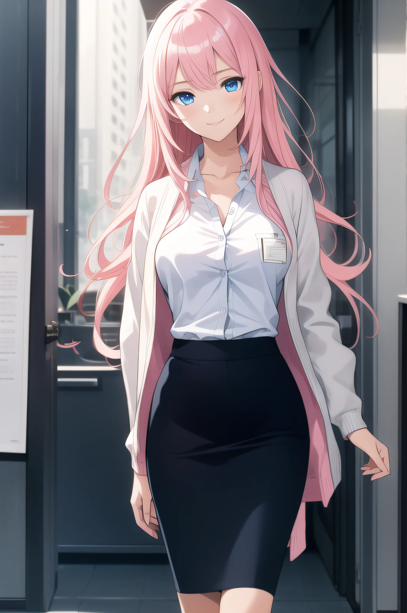 (masutepiece, Best Quality), Dynamic Angle, (One girl), amazing, Fine details, Official art, the Extremely Detailed CG Unity 8K Wallpapers, Perfect human body, Perfect female body, (Beautiful Anime Face:0.8), (One girl), (Slender body), (Captivating and realistic anime women), Beautiful style, beautiful alluring anime woman, Smile, Masterpiece Portrait, Glowing blue eyes, (Medullary wounds:1.2), (Long pink hair), Full body shot, Office Lady, business uniform, Long sleeve, (Translucent cardigan), (up skirt), (Long pencil_Skirt)