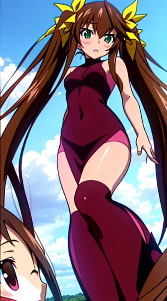 best quality, masterpiece, 1girl, solo, long brown hair, small twintails, green eyes, hair ribbon, sunburn, tanlines, narrow waist, wide hips, big butt, thin, curvy, thick lips, lipstick, eye shadow, luscious long hair, long eyelashes, flirty behavior, shiny skin, formfitting wet dress, toned thick thighs, fitness supermodel, girly accessories, feminine behavior, absurdres, highres, high detail, high quality, 8k