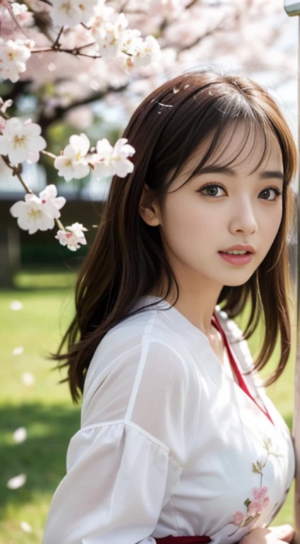 (a work of art、8K、On a table、RAW photocell、Best quality at best、realistically、High detail CG integrated 8k wallpaper、high high quality、Very meticulous、epic、particle effect、Dynamic effects、depth of fields、电影灯光、lens flare glow、Ray traching)、dream-like、 (Beauty 1 person、white japanese clothes、Japanese dress、White cherry blossom pattern、White cherry blossom embroidery pattern、A brunette one、Nice face、real  face、Beautiful details eyes beautiful skin)、Hair Fluttering in the Wind、hair jump、Pink cherry blossom tree、Petals flying、Sakura blizzard、Scenic spotorningglow、sun in background、ventania、ugly teeth、Mito、vast land、