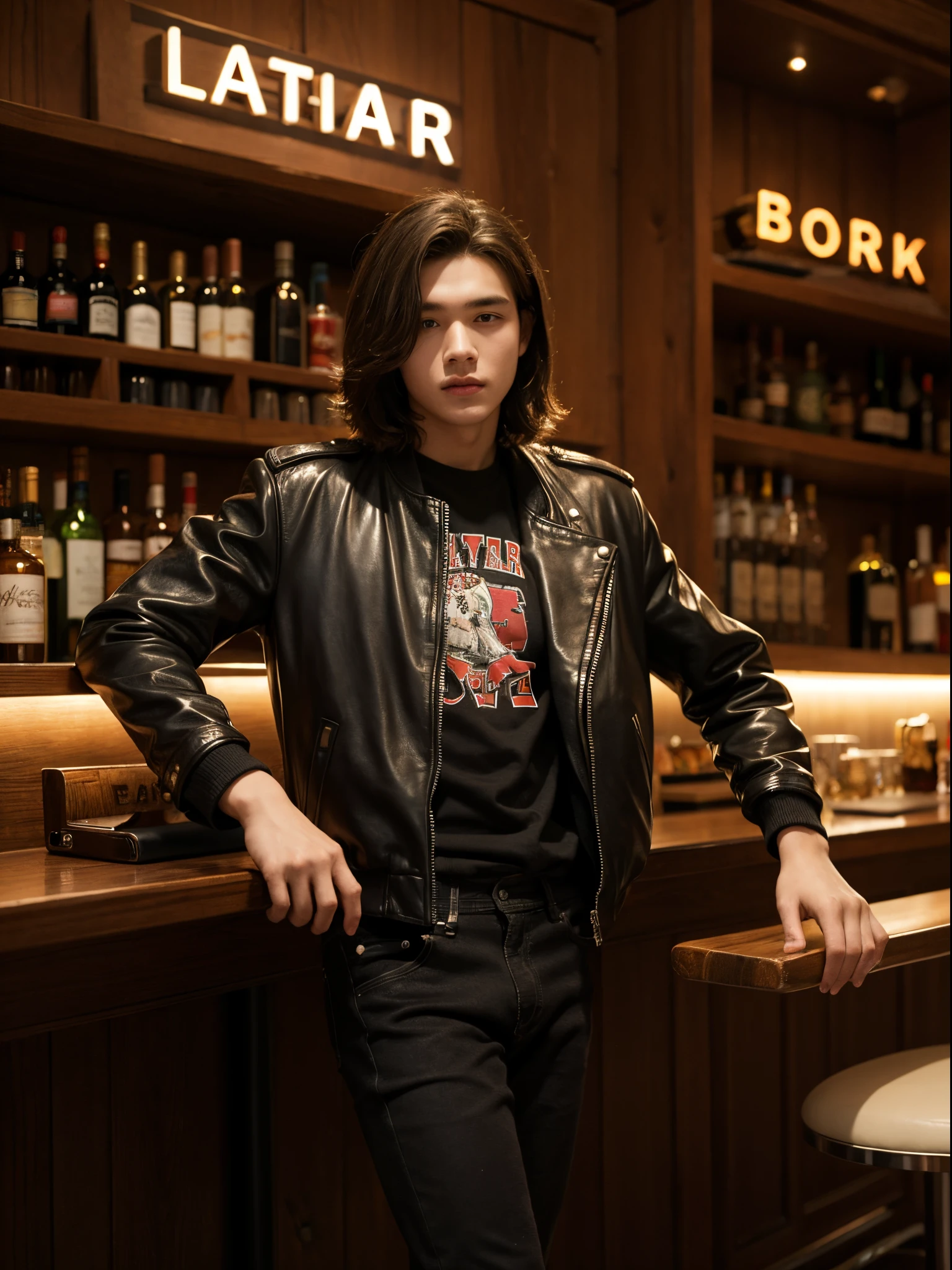 boy, y.o, middle parted hair, leather jacket, bar
