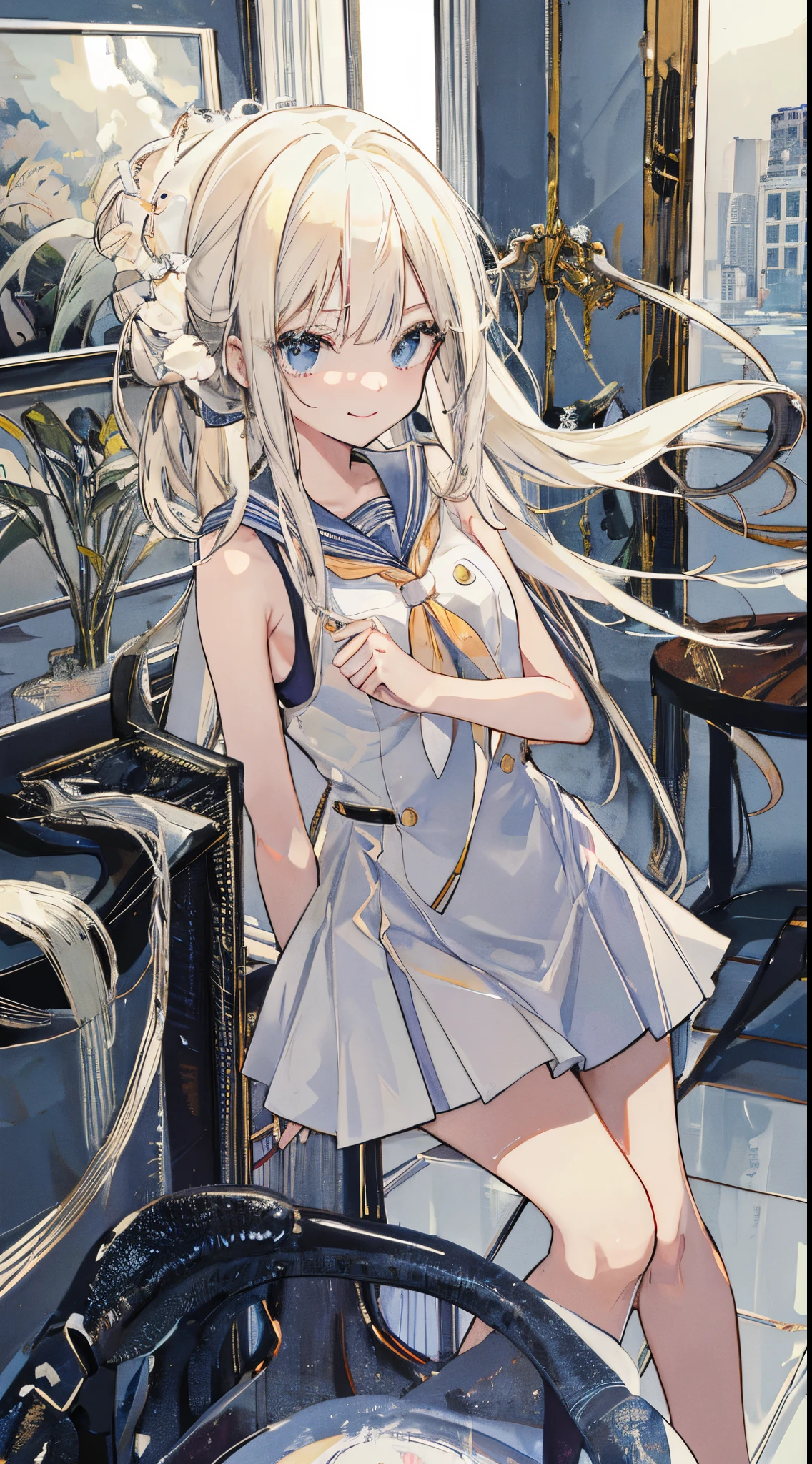 top-quality、realistic touch,high-detail、photoRealstic、long body、thin-waist、captive beauty、big eye、Strong platinum blonde eyelashes、platinum-blond、full body Esbian、Sparkling eyes、Submissive smile、Flushed cheeks、Kamimei、thin-waist、Voluptuous thighs、Enraptured look、Raked bangs、The forehead is protruding、a sailor suit、sleeveless、Inside a room、 girl、pony tail hairstyle、Clothes with wide open sides、standing