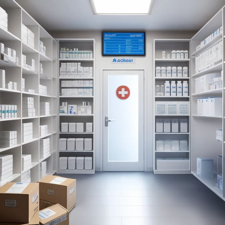 airy pharmacy room with shelves and racks of medicines and other medical supplies, Sterile minimalist room, clean medical environment, medical supplies, pharmacy, ansiedade induzindo bastidores, medical labels, surgical supplies, Medicine, medical lab, inspect in inventory image, medical equipment, por Wayne England, drogaria, healthcare, incubadora medpods, medical lighting
