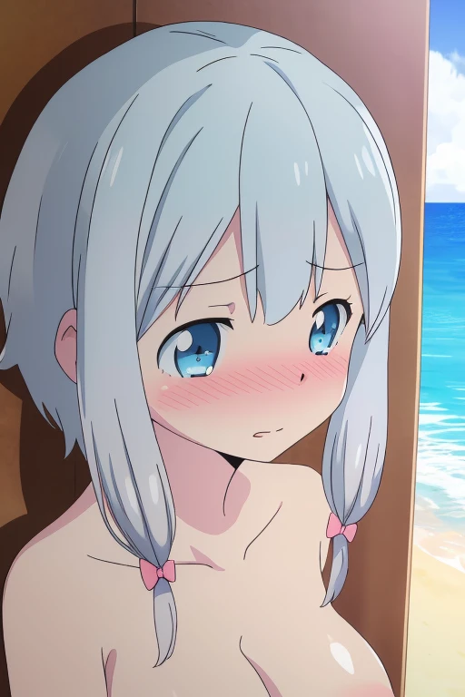 cute girl, anime, silver hair, straight hair, Blue eyes, outdoor, small bust, cowboy shot, nude, pool, shine, かわいい顔, wet, o-face, (spread leg:1.3), (open leg:1.3), ローアングル, sitting beach chair, winking pussy