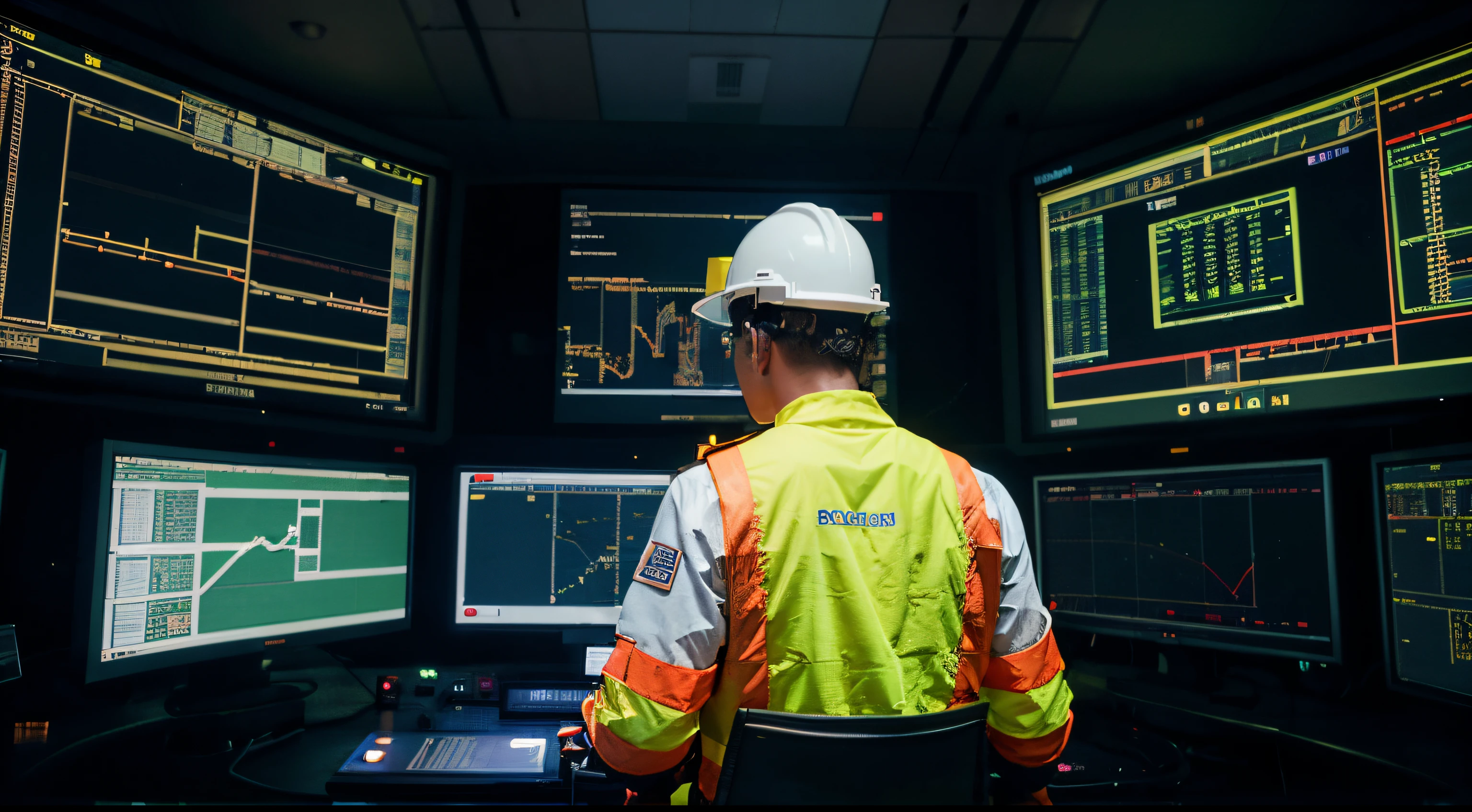 An engineer wearing illuminated safety jacket and white hard hat in the SCADA control room with multiple digital screens for BESS plant. on the screen SCADA systems with various colour signals visible. Engineer is facing away from camera angle
