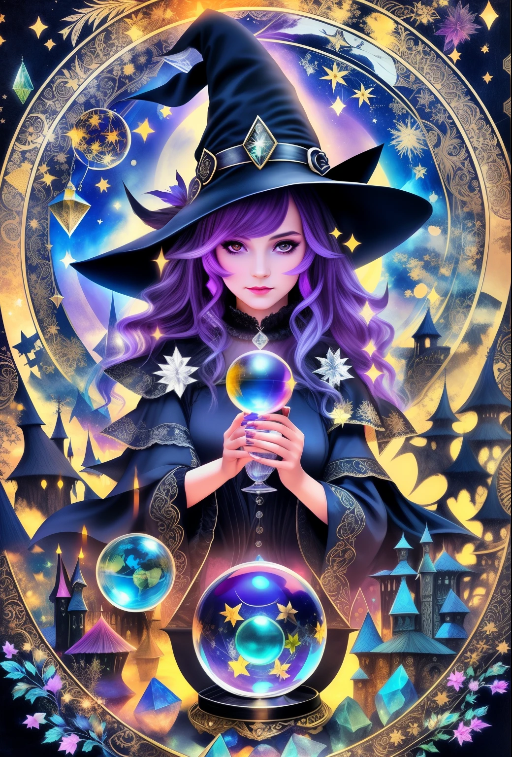 Witch with crystal ball in her hand, clever witch, Just a joke, magician magic witch, fantasy art style, witch fairytale, sorceress woman, pretty sorceress, witchcraft, Stylish dark witch, beautiful wizard, hag, beautiful female witch, Mysterious art style, hag, dark witch, Portrait of a young witch girl, classical witch