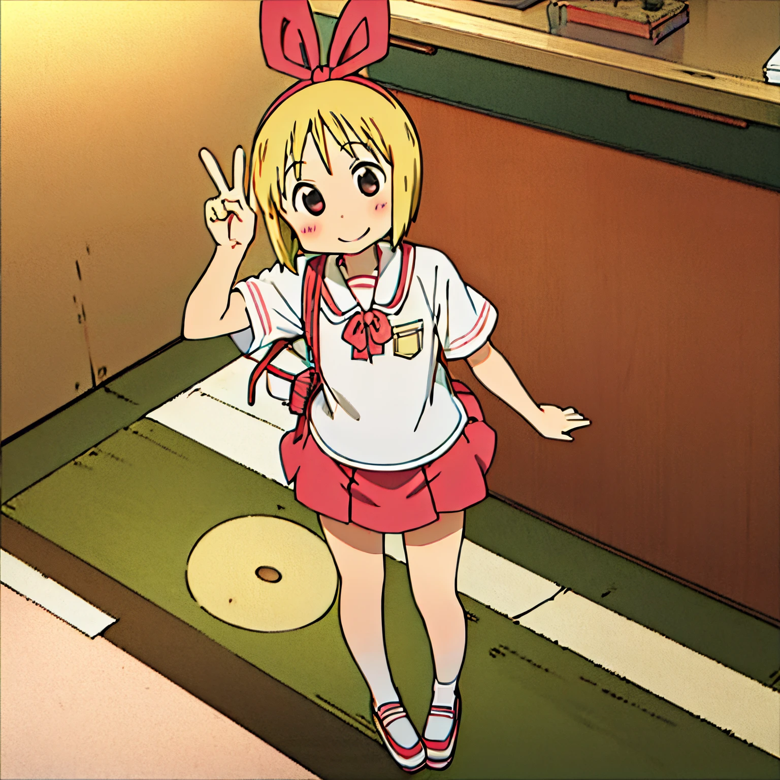 Haruna Annaka, blonde, short hair, big red ribbon on head, high school student, beautiful drawing, full body, detailed background, smile, looking at viewer, blush, school swimwear, flat chest, peace sign