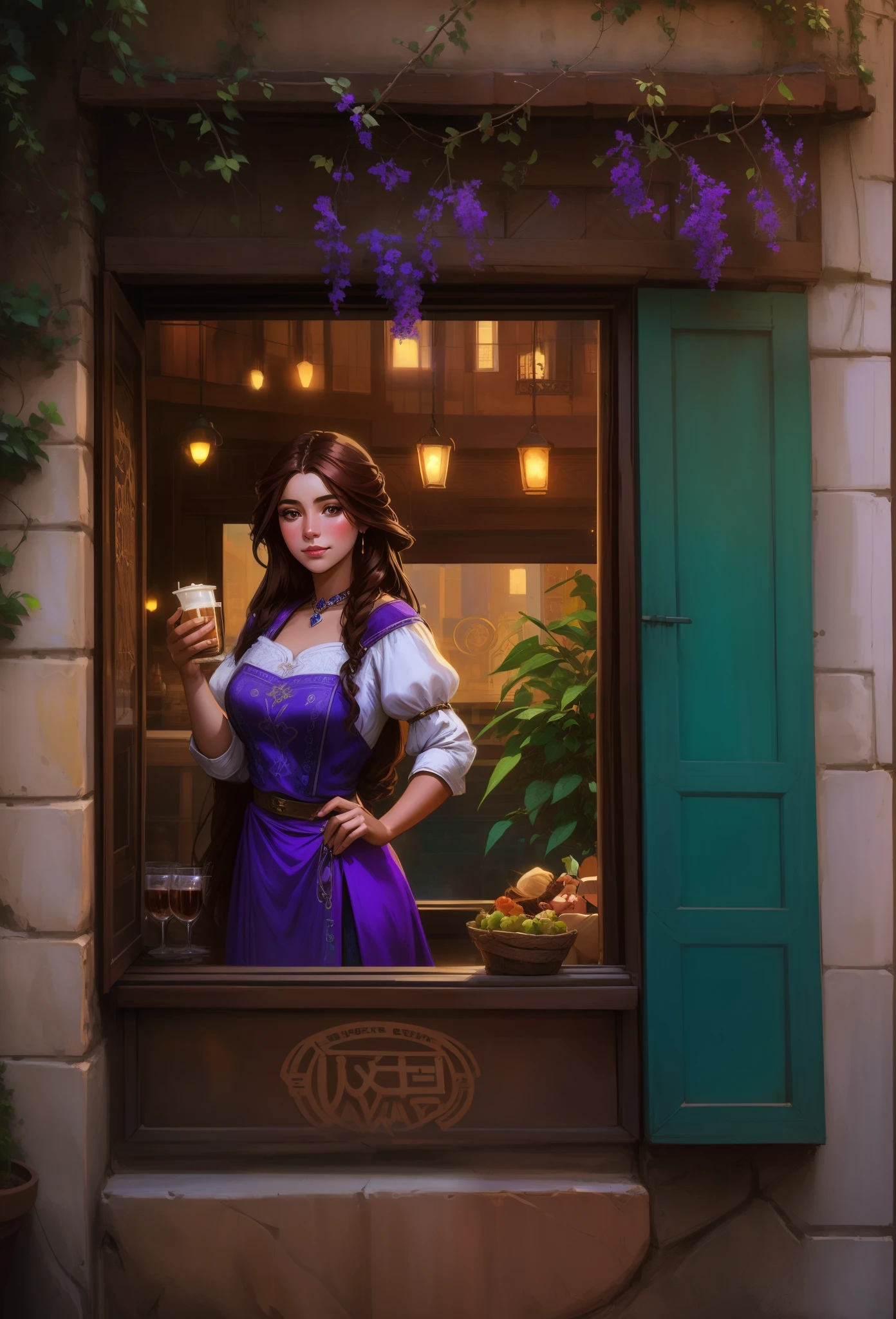 a grape juice store in a window , a window in a mediterranean house,(( brown hair )) happy smiling gipsy girl selling grape juice from a window in a mediterranean house, street store, old wall with grape tree branches and cracks (( upper body, close up )) long hair joyfull attractive sfw gipsy women facing the camera
standing in a window, inspired by Gaston Bussière, artwork in the style of guweiz, fantasy genre portrait, beautiful character painting, abigail from stardew valley, renaissance digital painting, mysterious coffee shop girl, portrait of megara, inspired by gaston bussiere, artgerm and atey ghailan