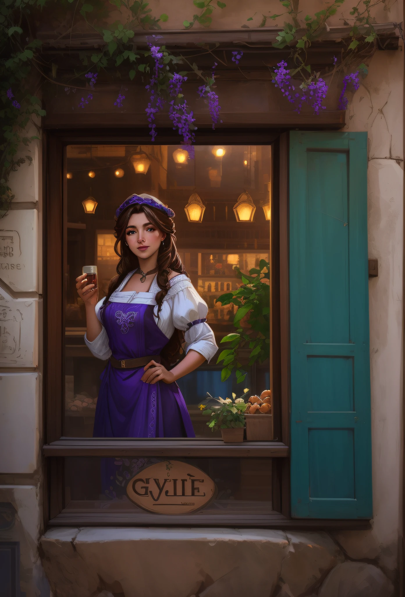 a grape juice store in a window , a window in a mediterranean house,(( brown hair )) happy smiling gipsy girl selling grape juice from a window in a mediterranean house, street store, old wall with grape tree branches and cracks (( upper body, close up )) long hair joyfull attractive sfw gipsy women facing the camera
 standing in a window, inspired by Gaston Bussière, artwork in the style of guweiz, fantasy genre portrait, beautiful character painting, abigail from stardew valley, renaissance digital painting, mysterious coffee shop girl, portrait of megara, inspired by gaston bussiere, artgerm and atey ghailan