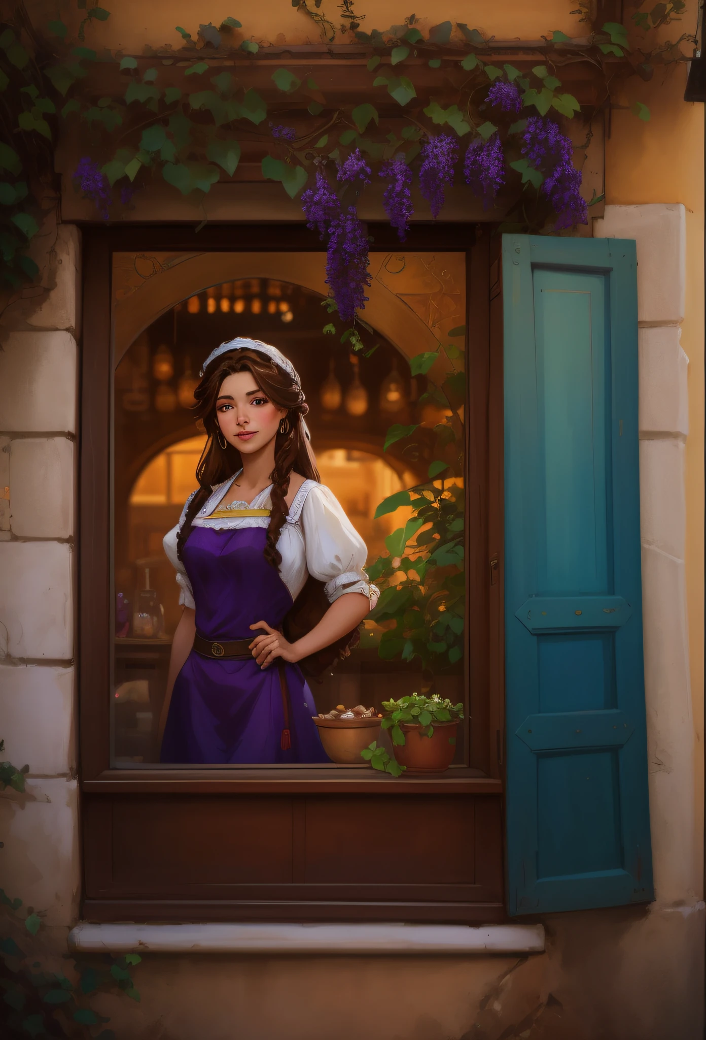 a grape juice store in a window , a window in a mediterranean house,(( brown hair )) happy smiling gipsy girl selling grape juice from a window in a mediterranean house, street store, old wall with grape tree branches and cracks (( upper body, close up )) long hair joyfull attractive sfw gipsy women facing the camera
 standing in a window, inspired by Gaston Bussière, artwork in the style of guweiz, fantasy genre portrait, beautiful character painting, abigail from stardew valley, renaissance digital painting, mysterious coffee shop girl, portrait of megara, inspired by gaston bussiere, artgerm and atey ghailan