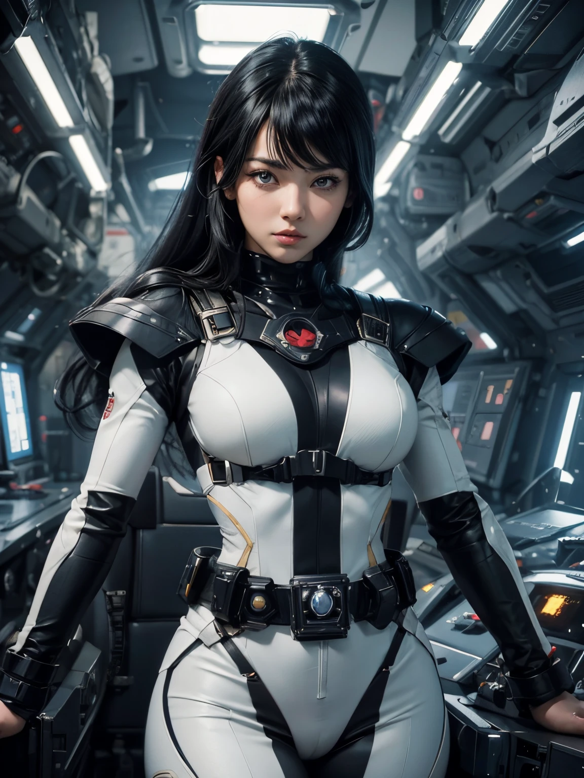 A beautiful woman stands in front of the command seat of a space battleship and takes command. Black hair. Beautiful double eyes. The bridge of my nose. Well-shaped lips. She wears a black battle uniform, and has a Kamen Rider transformation belt around her waist. A masterpiece. 8K image quality.