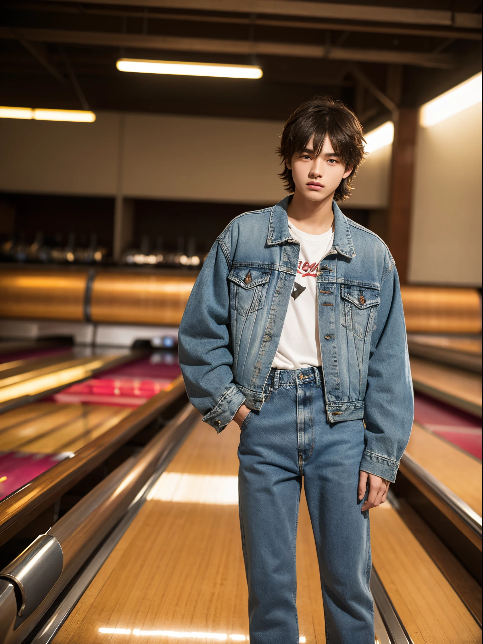 boy, 17 y.o, handsome, middle parted hair, denim jacket, torn trousers, rings, bowling alley
