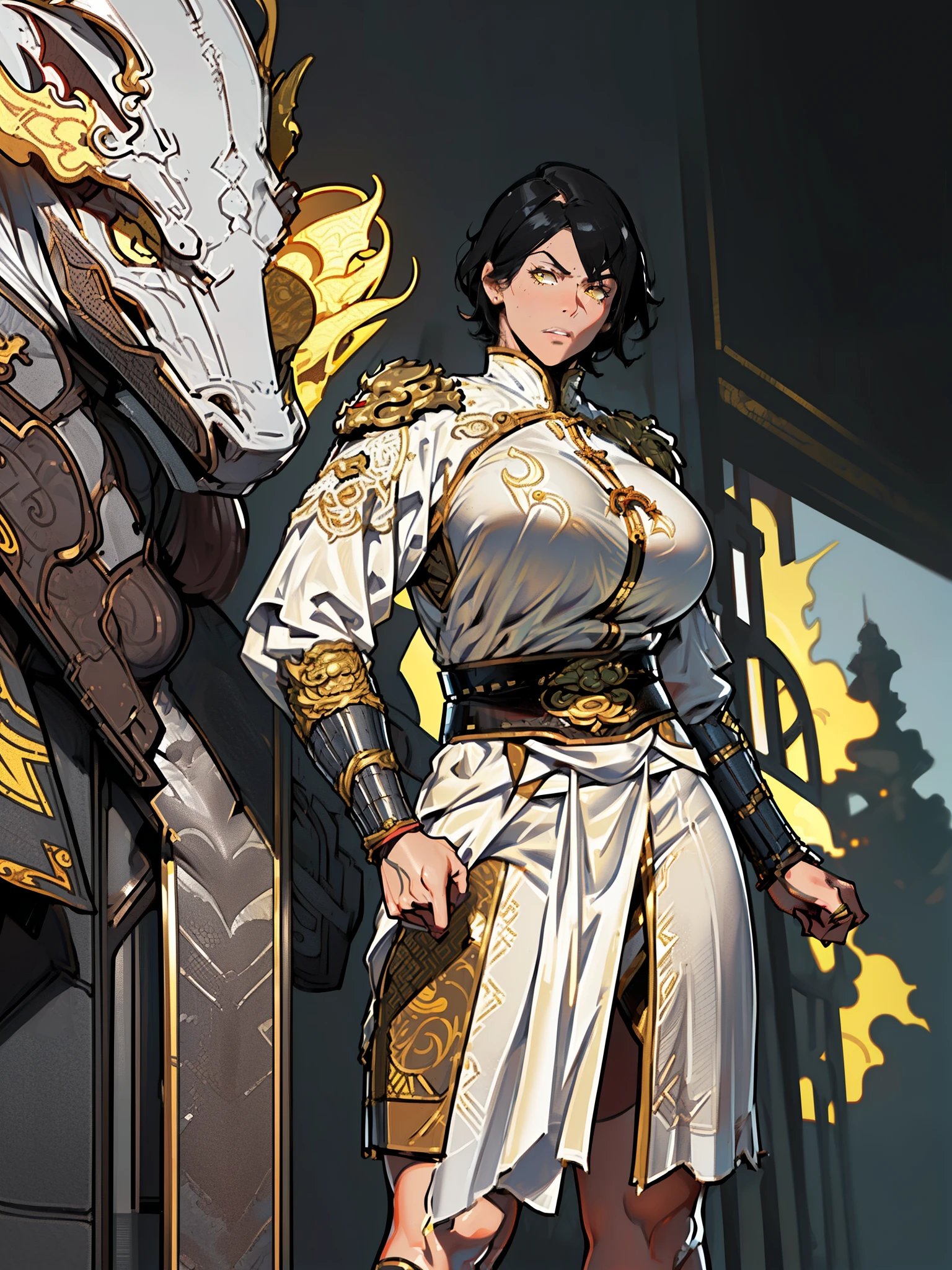 (High resolution, Pixels are perfect, luxurious illustration), (hyper quality, masutepiece, Ethereal: 1.4),(Solo:1.4), Black hair, ((Very short hair)), (Yellow eyes), ((angry)), pale skin, (((((((muscular))))))), ((thick thighs)), ((Huge breasts)), (((Woman))), ((((A MILF)))), ((wh_chi_armor)), (((wide hips))), ((greybackground)), (Shiny skin), ((Overexposure)),