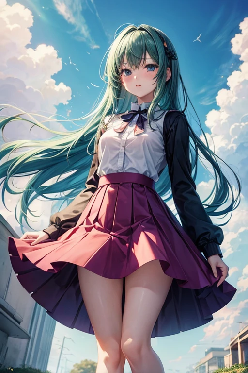 anime girl, dress, underskirt nude, pussy, lower body, skirt, wind blowing skirt, outside, standing