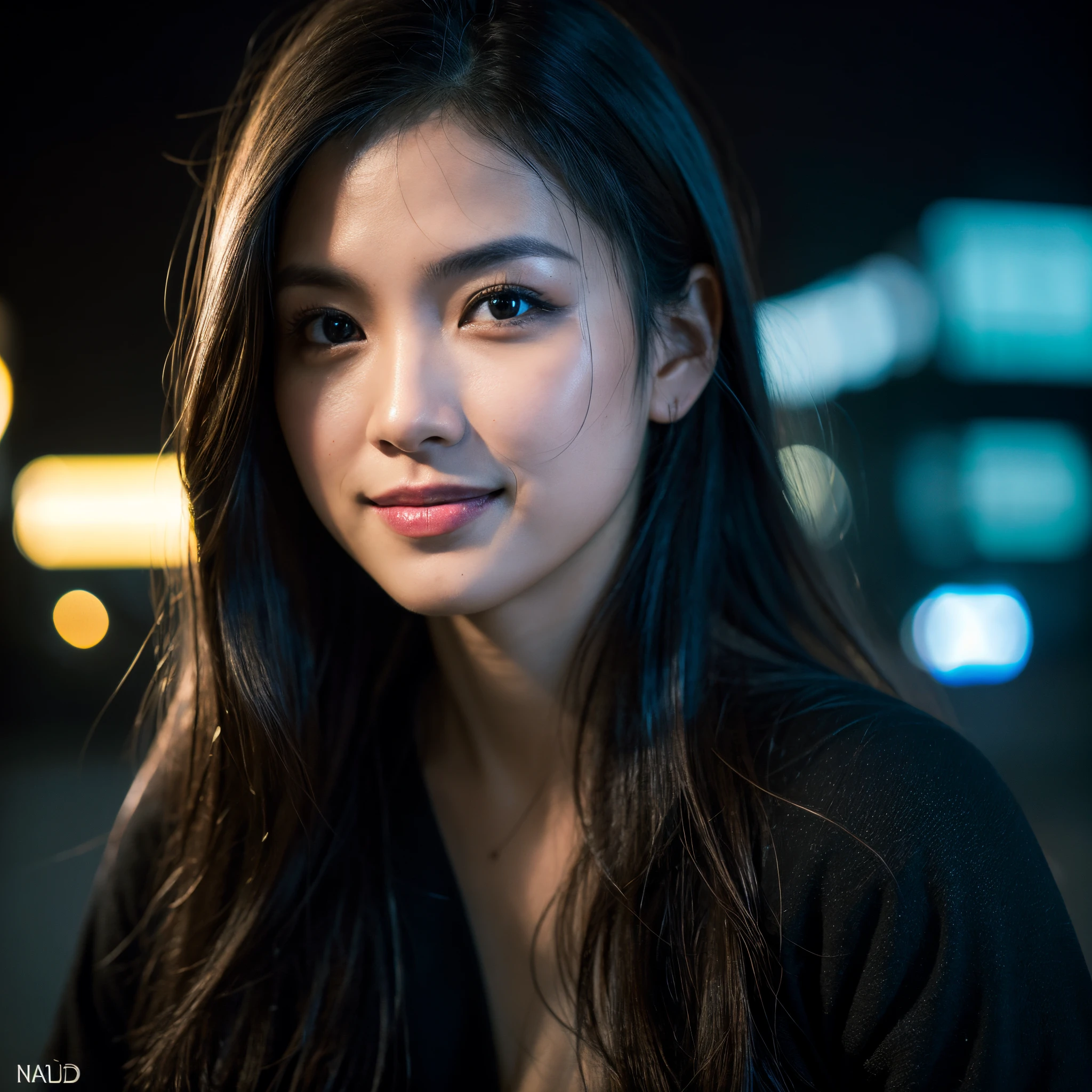 highest quality, epic realistic, ((in the pitch black darkness :1.4)), ((portrait:1.5)),(background: dark ) high contrast ,glorious picture, lowest lux, lighting face, she's comfortable, wearing nothing, , looks incredible, (8k, Raw photo, Highest quality),(epic realistic:1.5), a woman, face,(detailed eyes:0.8),(looking at the camera:1.4), (Highest quality), ( high contrast, deep shadows),Intricate details,cinematic,((skin:1.4)), (long dark hair:1.3), long hair, messy ,(Hdr:1.5),Detailed, colors, Superior quality, Masterpiece, Raw Photo (20-year-old, looking at viewer), beautiful, (wearing plain yellow shirt,), perfect, natural, perfect composition, portrait, perfect face, smiling expression, Captivating eyes, Bright details, Tight lips, (High Skin Detail),, (blue tint: 0.6), (sale: 0.8), (bloody: 0.7), Key lighting , (backlight: 0.5), Medium depth of field, Canon 5d, 50mm lens, f/4 apertures, (Ultra-detailed, Complex detail), sharp focus, soft colors, 8k, Absurd, 80mm, bokeh background, photography, smiling, pinay, filipina, large boobs, neon lights background, bokeh