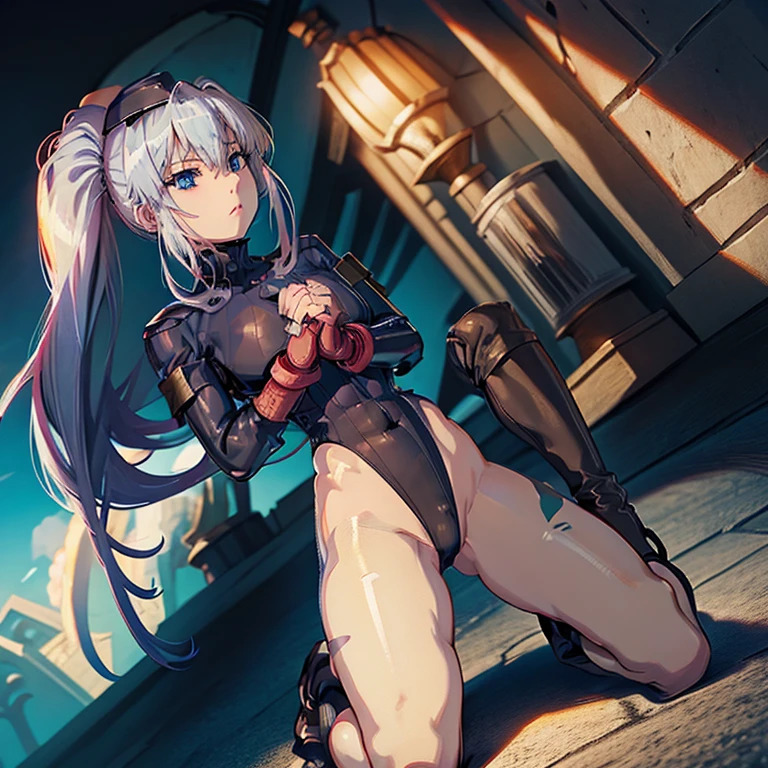 Masterpiece, Best Quality, Highly detailed, illustration, absurdres, street fighter, doll suit, shadaloo doll, agent aika, girls, multiple girls, expressionless, blank eyes, looking at viewer, red gloves, emotionless, black latex, corrution, mind control, female combatant, full body, hypnotized, unhappy trance, full body suit, leotard, perfect female body, extremely glossy latex, Delmo Uniform, belt, hypnosis, hypnoLora, empty eyes, Mind control device, thigh high, kneeling, poses, submissive_pose, visor, sitting, sitting at attention, kneeling at attention, Slave, collar, gang bang, haigure, slave oufit, full tight leg, Blue delmo uniform, Liliana Kranjcar, campione, prayhands, interlocked fingers, own hands together, white hair, Blue eyes, ponytail, habit, reverse cross