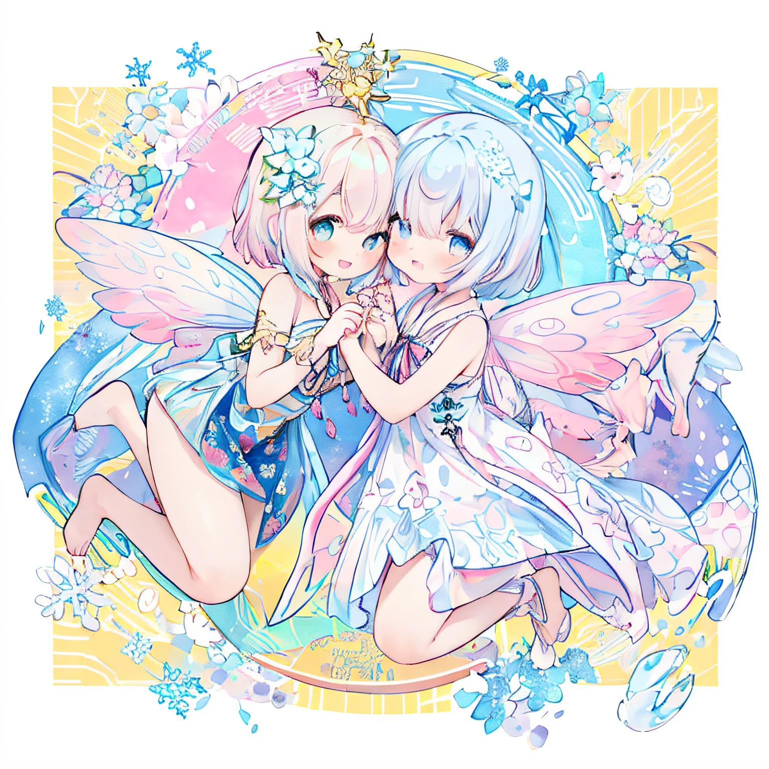 (PastelColors:1.3)、(Cute illustration:1.3)、(watercolor paiting:1.1)、(Wearing large transparent fairy wings with polka dots。。。。。。。。。。。。。。。。。。。。:1.3),Falling from the sky,Head down, feet up, Blue haired girl,improve,ultra wide-angle ,Detailed background、Smile with open mouth、Beautifully detailed、Moya、colourfull、marble、Particles of light、Pattern ROM side、Shirayuki Noel、Snowflake、
Detailed drawing、Vibrant colors、striking contrast、intricate detailes、Delicate depiction、Luminescent、full body Esbian、From the side、Beautiful facial features、appropriate color eyes、Wearing intricate and delicate ornaments、glowing aura、Radiant hair,Illuminated by the morning light、Summer wreaths、Pale yellow background、Fairy with a bouquet Fairy、A pink-haired、Bun head、jumpping、levitation、Thick wool gown:0.4