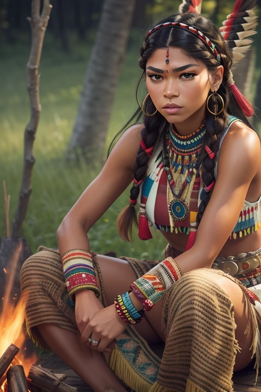 ((Zendaya is a native American woman)), ((who wears the typical clothes of a squaw)), (sitting on a campfire), ((schlanke frau)), (kleiner Kopf), ((natural skin texture)), ((she has small round breasts)), ((Ausdrucksstarkes detailliertes Gesicht)), (fotorealistisch), (Raytracing), (scharfer Fokus), ((full entire body)), ((large