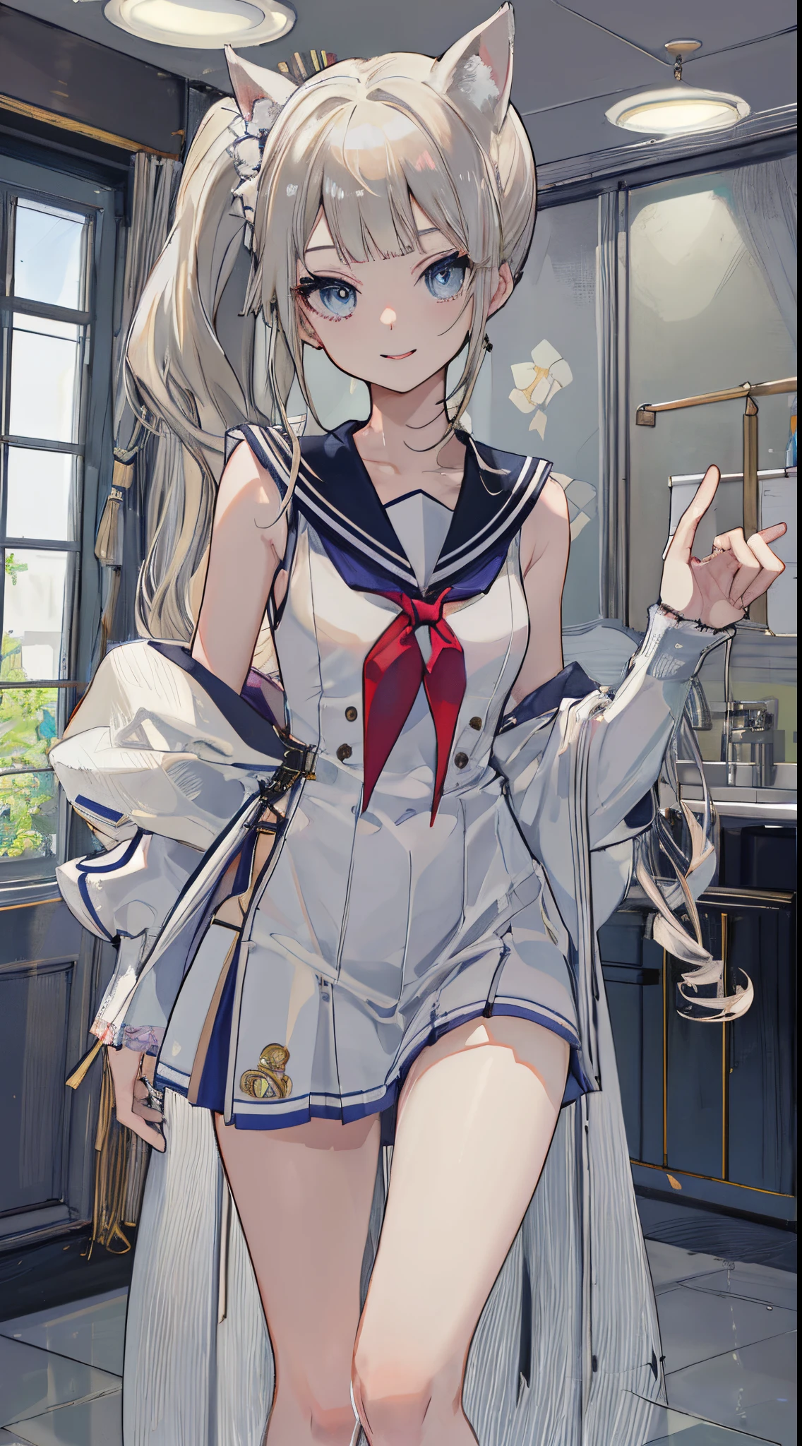 top-quality、realistic touch,high-detail、photoRealstic、long body、thin-waist、captive beauty、big eye、Strong platinum blonde eyelashes、platinum-blond、full body Esbian、Sparkling eyes、Submissive smile、Flushed cheeks、Kamimei、thin-waist、Voluptuous thighs、Enraptured look、Raked bangs、The forehead is protruding、a sailor suit、sleeveless、Inside a room、13yo girl、pony tail hairstyle、Clothes with wide open sides、standing