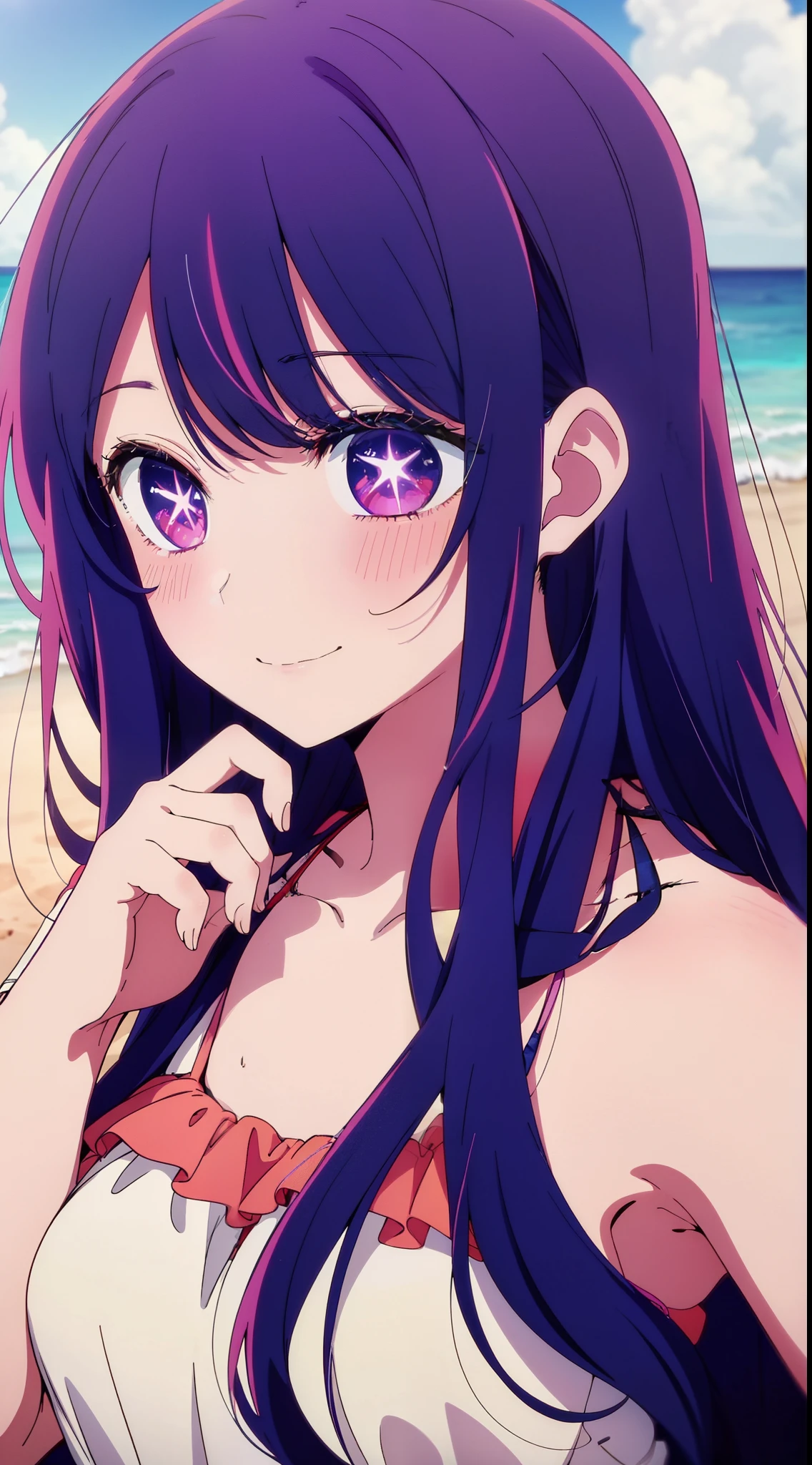 Anime girl with long hair and purple eyes, a picture inspired by Puru, Tumbler, conceptual art, Anime Best Girl, anime moe art style, closeup Iwakura Lain, Anime visuals of cute girls, Anime girl named Lucy, iwakura lain, Still from TV anime, anime still image, (Anime Girl)、(((the beach)))、A smile、Open your mouth、Ai Hoshino、(((The bikini)))