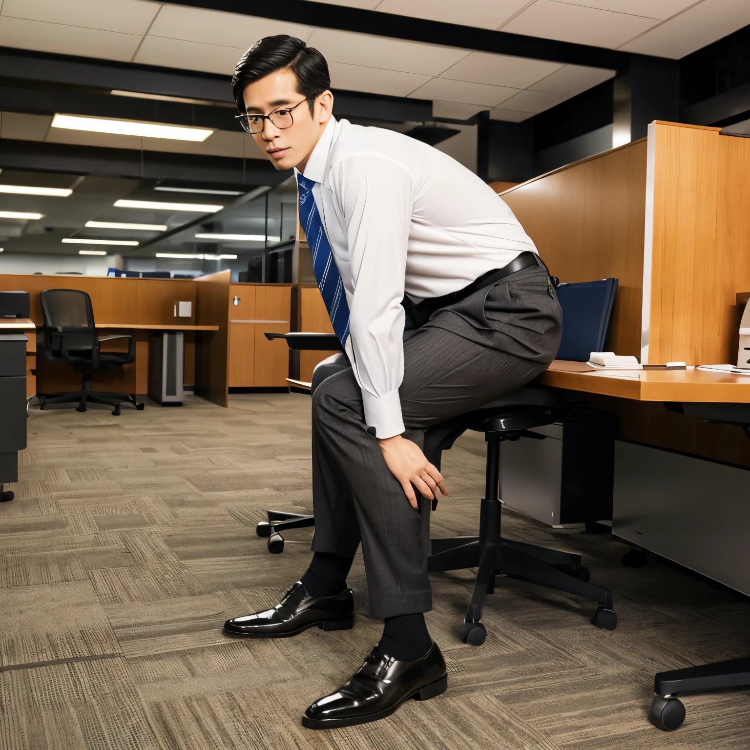 A handsome American office worker steps on his subordinate's penis with his socked foot.