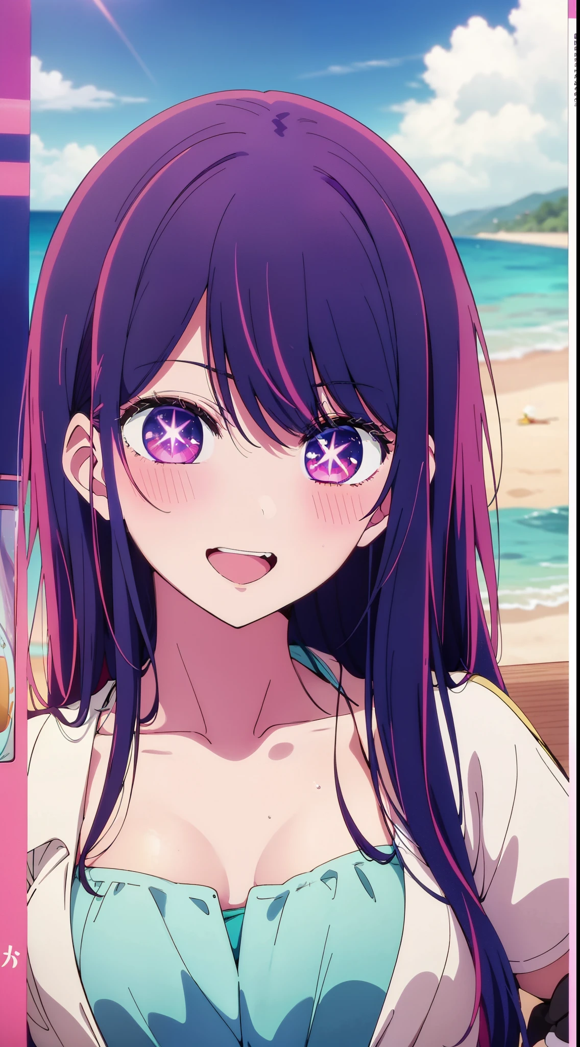 Anime girl with long hair and purple eyes, a picture inspired by Puru, Tumbler, conceptual art, Anime Best Girl, anime moe art style, closeup Iwakura Lain, Anime visuals of cute girls, Anime girl named Lucy, iwakura lain, Still from TV anime, anime still image, (Anime Girl)、(((the beach)))、A smile、Open your mouth、Ai Hoshino、(((The bikini)))