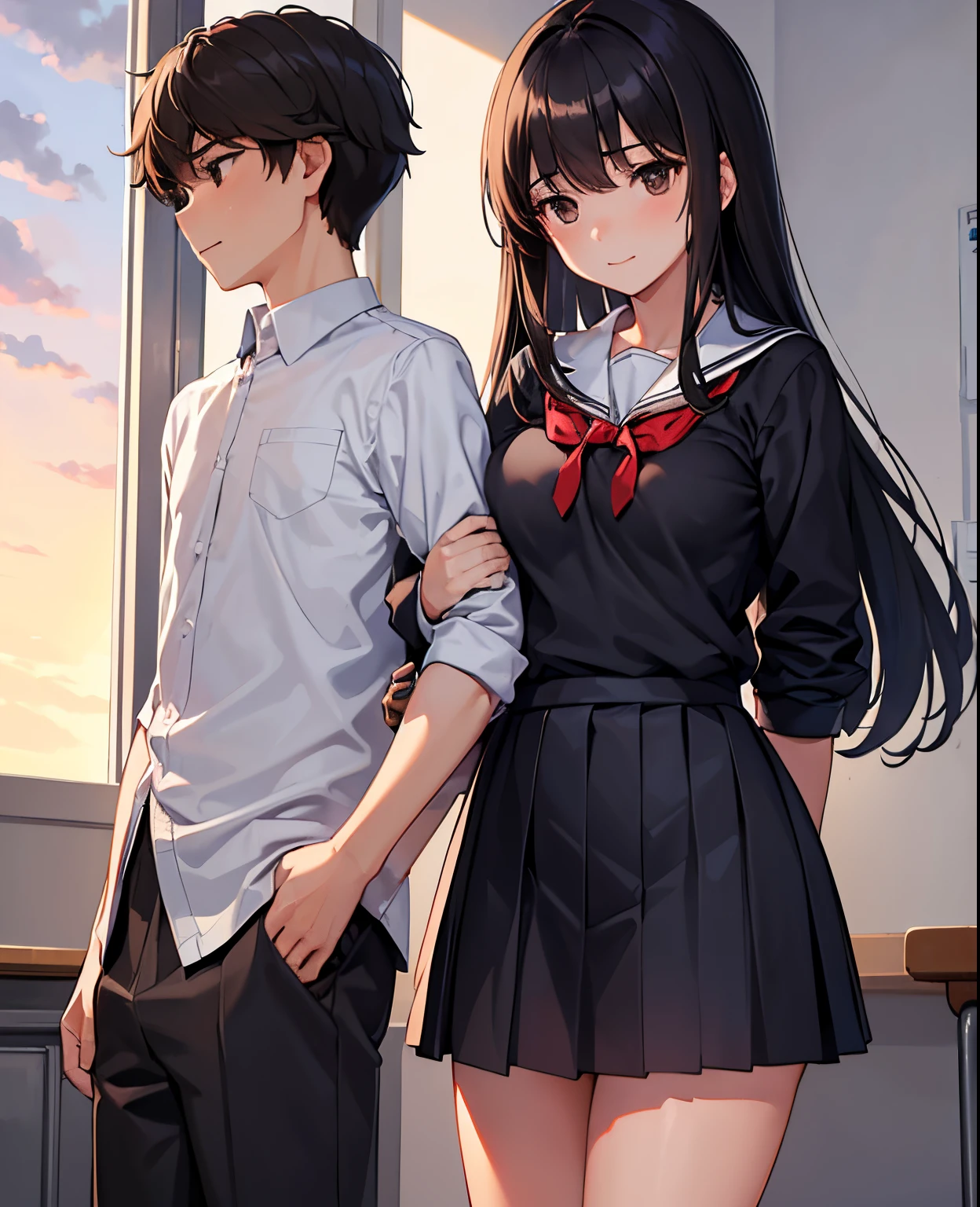 masterpiece, best quality, (1faceless boy:1.3),(boy grabbing breast:1.1),1girl .(school uniform:1.2), black long hair,brown eyes,(classroom:0.8), (sunset:0.7),(medium breasts:1.4), (sad smile:0.8)