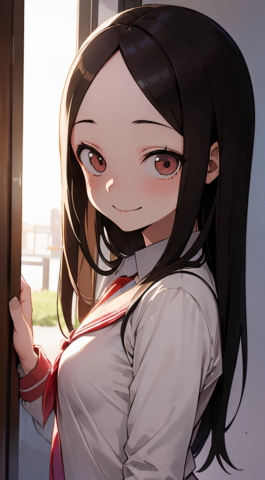 (((masterpiece))), Takagi, in a brighter classroom, innocent smile, long hair, wearing school uniform, sitting on a chair