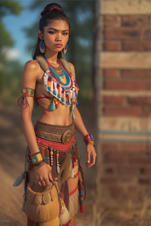 ((Zendaya  a native American woman)), ((who wears the typical clothes of a squaw)), (sie sitzt an einem Lagerfeuer), ((schlanke frau)), (kleiner Kopf), ((natural skin texture)), ((she has small round breasts)), ((Ausdrucksstarkes detailliertes Gesicht)), (fotorealistisch), (Raytracing), (scharfer Fokuull entire body))