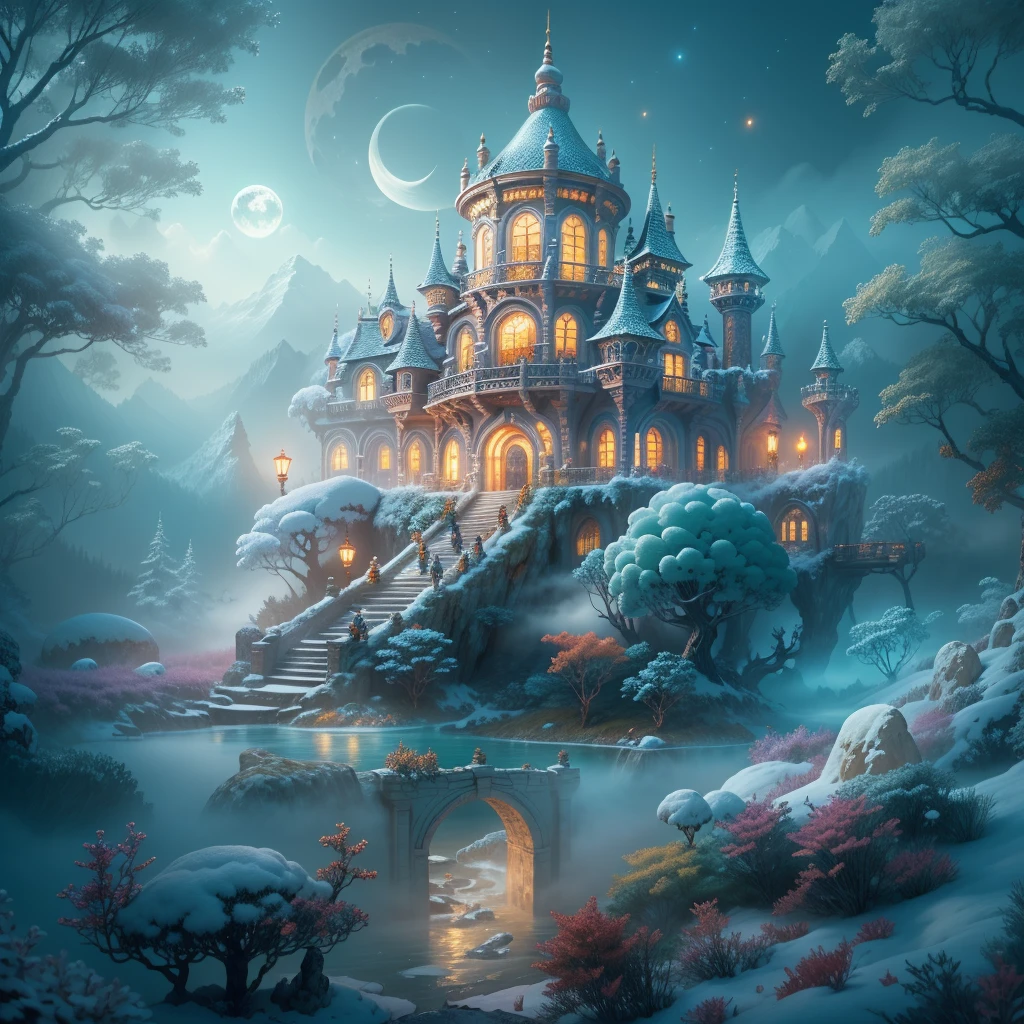 (tmasterpiece),（ultra - detailed：1.3），Best quality，(Sparkling: 1.2), (Winter wonderland in fantasy mythology: 1.4), ((Fresh, chill, mountains, white mist, , vastness, bamboo forest, frost flowers, diamonds, breeze, bamboo leaves, sounds of nature, lake, Ancient, pavilion, sacred, tranquil, peaceful, otherworldly, beautiful, tranquil, secluded, treasure, nature, magic, creativity)), illustration style, and decoration, dreamy winter wonderland, lovely design style, Evening, snowy field, full moon, bright colors, ((whimsical and charming fantasy)), surreal portrait, (fantasy-themed winter day), (whimsical wonderland), (colorful, mist-filled landscape), (enchanting , magical creatures), (a vibrant, mist-shrouded palace), (white cloud road), (rich, dreamlike colors), (twinking stars) elevated, (fourth-dimensional dreamland), (enchanting and enchanting atmosphere), (playful composition), (vivid lighting effects), 1.4x realism, ultra-high definition, displayed in this beautiful scene, （Very meticulous，Reasonable design，Clear lines，High- sharpness，tmasterpiece，offcial art，movie light effect，8K)