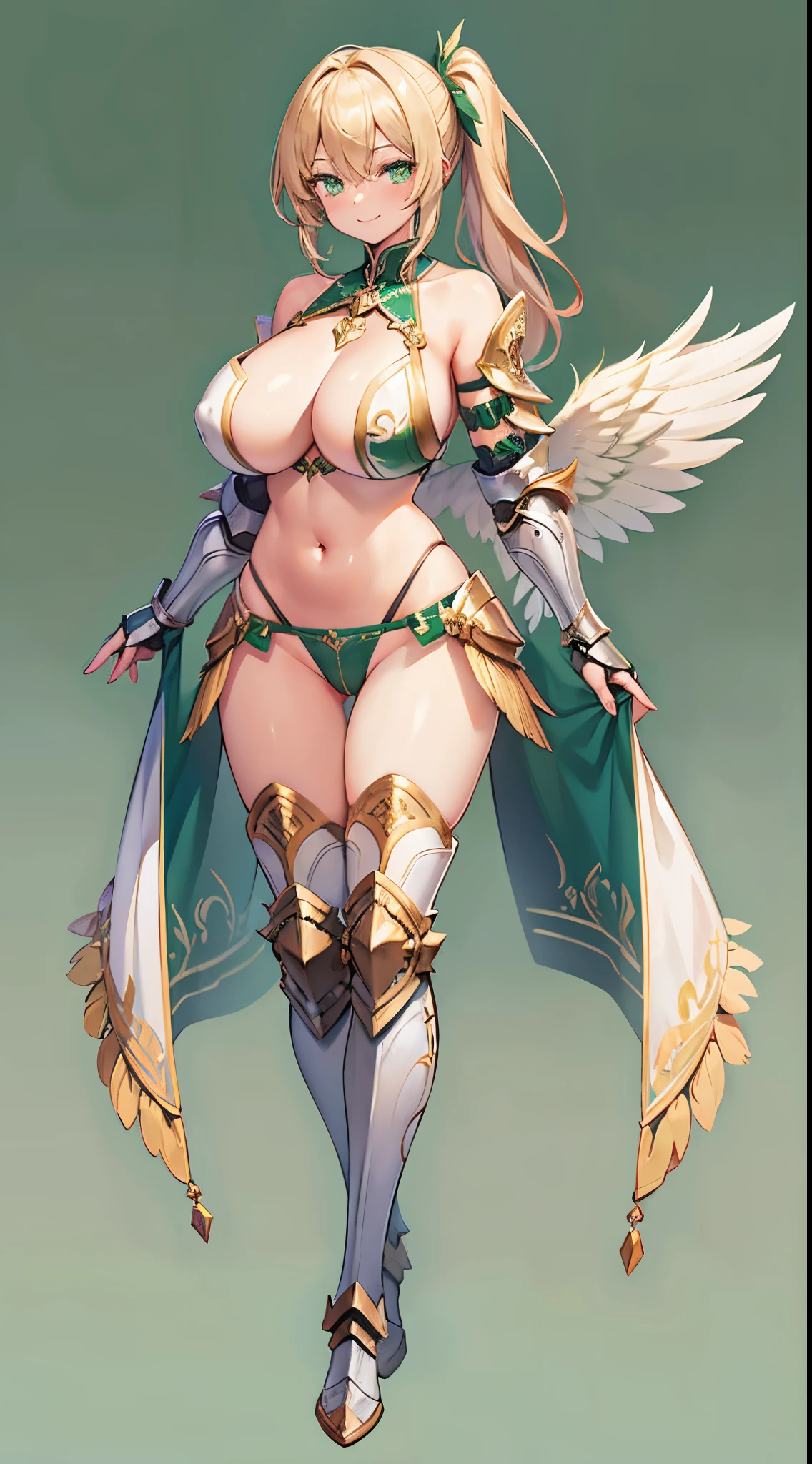 1 girl, game cg, valkyrie armor, green, angel wings, sideboob, under boob, belly button visible, thighs, loincloth, gigantic breasts, blonde, middle hair, side ponytail, green eyes, standing, smile, full body, simple background ,
