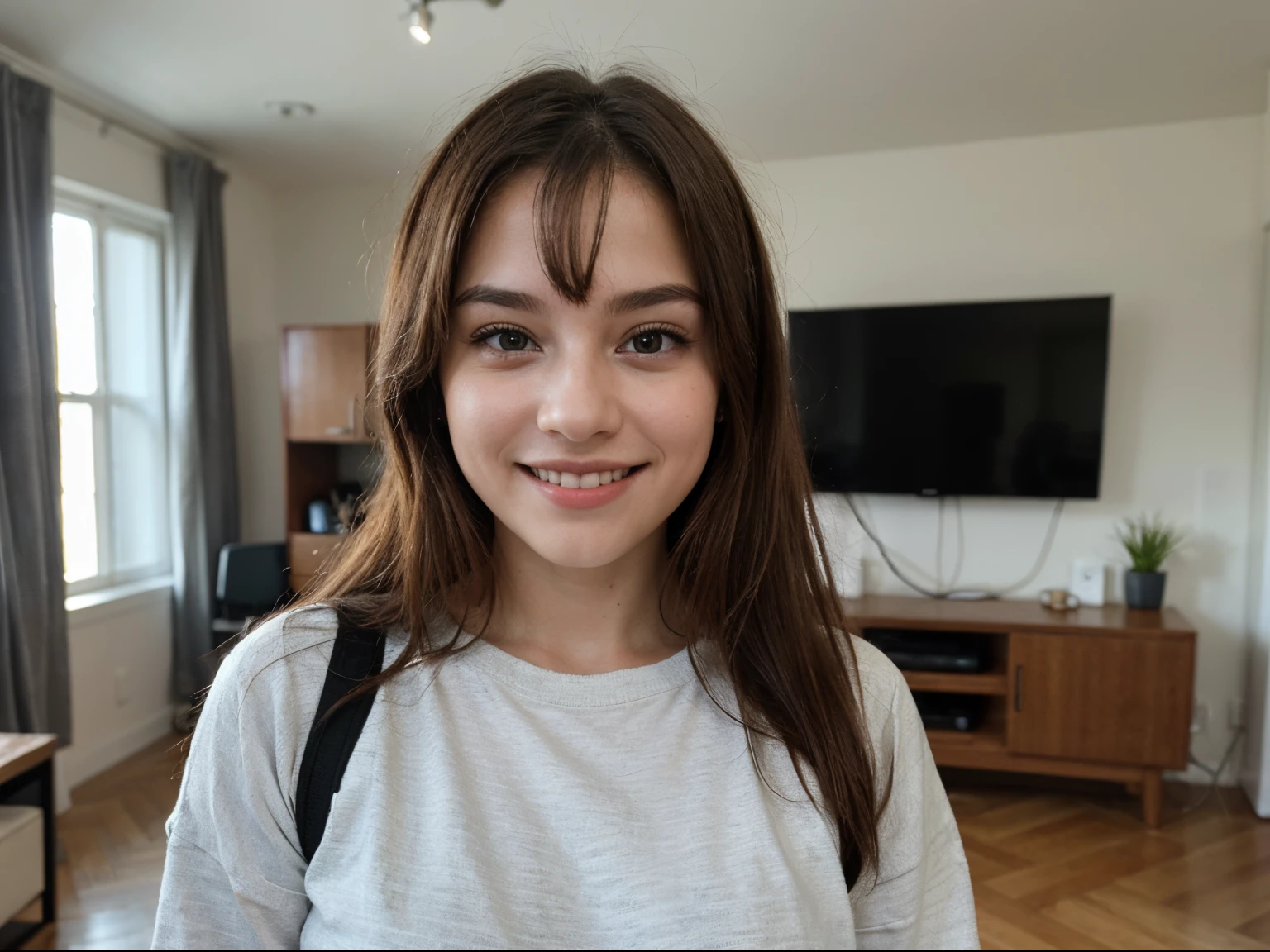 ((best quality)), ((masterpiece)), (detailed), perfect face, happy smile, young girl, wearing casual outfit, in simple apartment, standing besides 50" TV