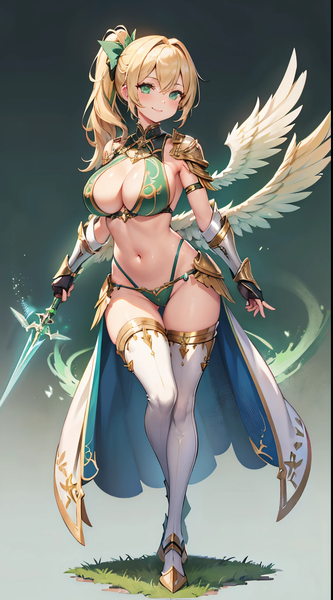 1 girl, game cg, valkyrie armor, green, angel wings, sideboob, under boob, belly button visible, thighs, loincloth, gigantic breasts, blonde, middle hair, side ponytail, green eyes, standing, smile, full body, simple background ,