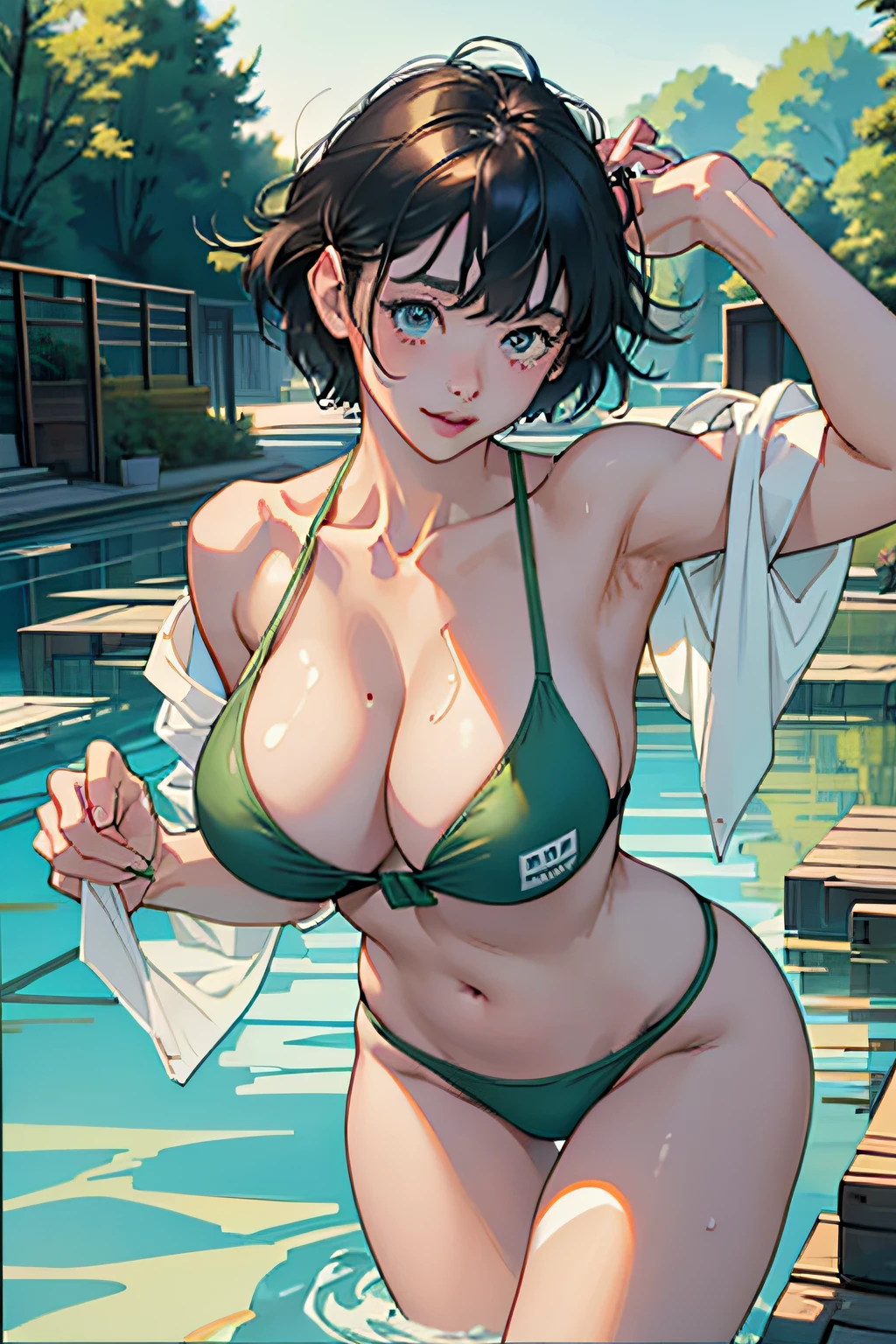 ｟Night Pool｠、chee、in poolside、（Dynamic pose Agidare pose、Body twisting pose、masutepiece, Best Quality, finely detail, hight resolution, in 8K, Perfect dynamic composition, Beautiful detailed eyes, ｟Competitive swimsuit｠,（huge udder:1.3）、 Natural Color Lip, Bold sexy poses,huge smile,20 years girl、Cute、(​masterpiece、top-quality) 、For clear images、absolutely outstanding image, very extremely beautiful、​masterpiece, top-quality,a picture, kawaii、(Colossal tits:1.2)、((20 year old woman:1.2))、Young adorable Japan face, dewy skin,,Soft portrait shots,in 8K,Japan girl realistic young idol、Young cute gravure idol、Young gravure idols、Young gravure idols in Japan、bob cuts、