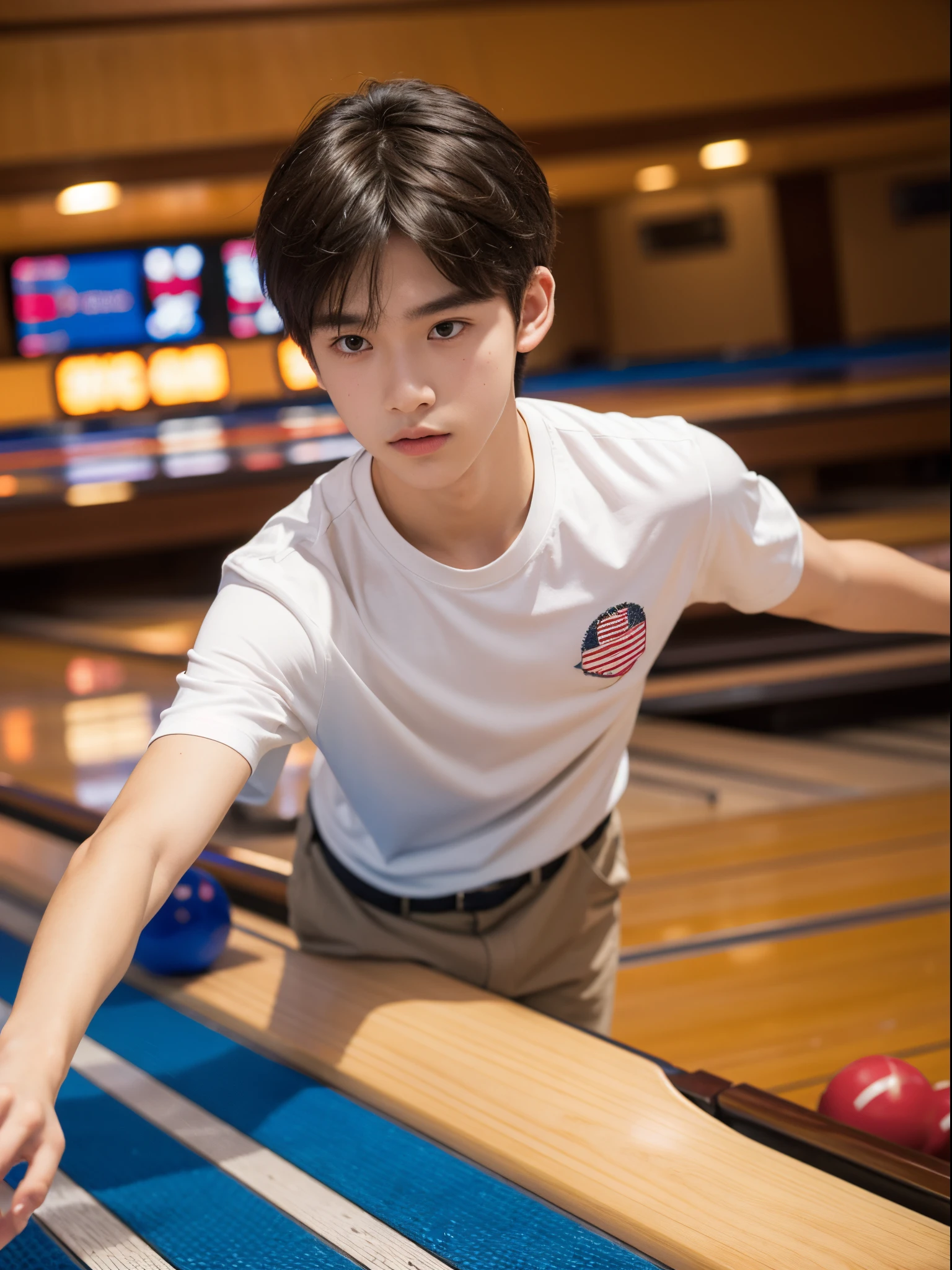 boy, 17 y.o, middle parted hair, shirt, rings, bowling alley