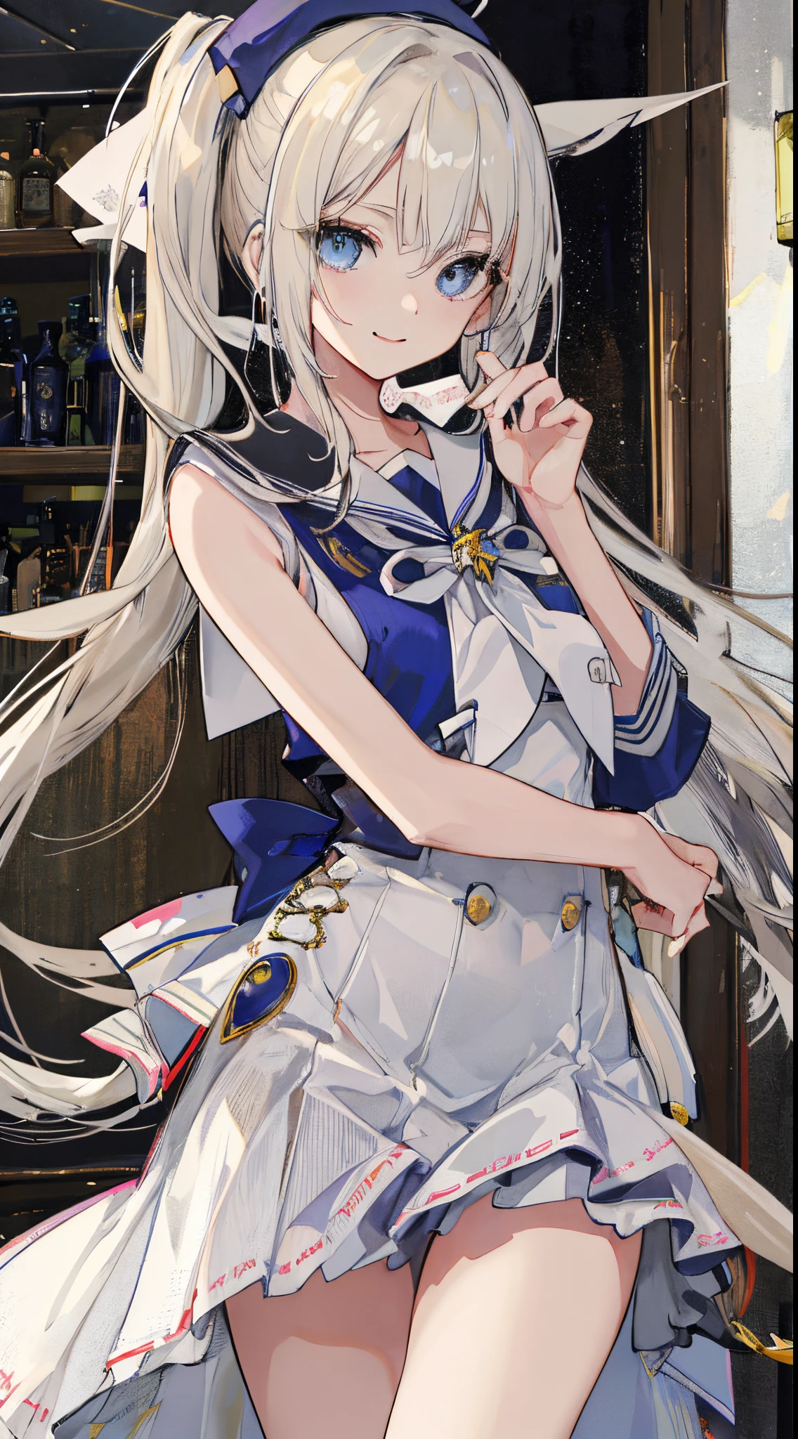 top-quality、realistic touch,high-detail、photoRealstic、long body、thin-waist、captive beauty、big eye、Strong platinum blonde eyelashes、platinum-blond、full body Esbian、Sparkling eyes、Submissive smile、Flushed cheeks、Kamimei、thin-waist、Voluptuous thighs、Enraptured look、Raked bangs、The forehead is protruding、a sailor suit、sleeveless、Inside a room、13yo girl、pony tail hairstyle、standing