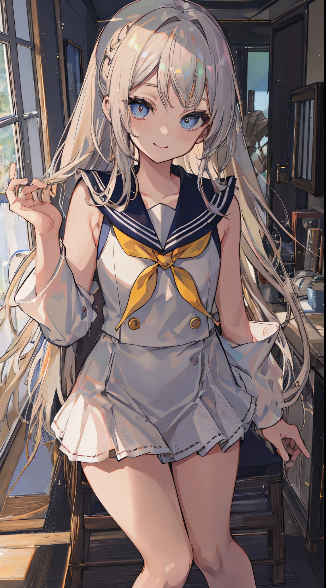 top-quality、realistic touch,high-detail、photoRealstic、long body、thin-waist、captive beauty、big eye、Strong platinum blonde eyelashes、platinum-blond、full body Esbian、Sparkling eyes、Submissive smile、Flushed cheeks、Kamimei、thin-waist、Voluptuous thighs、Enraptured look、Raked bangs、The forehead is protruding、a sailor suit、sleeveless、Inside a room、13yo girl、pony tail hairstyle、standing