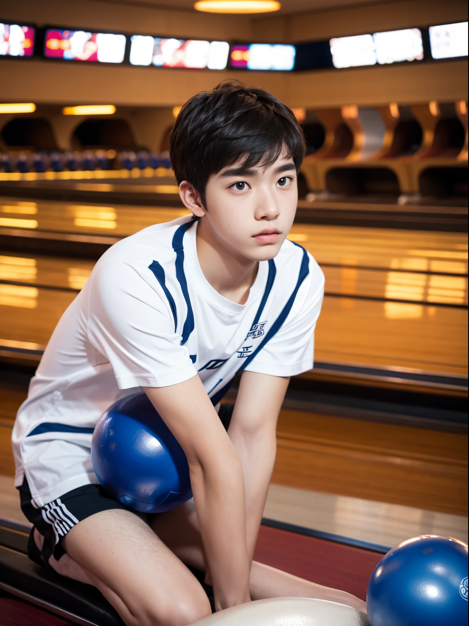 boy, y.o, middle parted hair, shirt, rings, bowling alley
