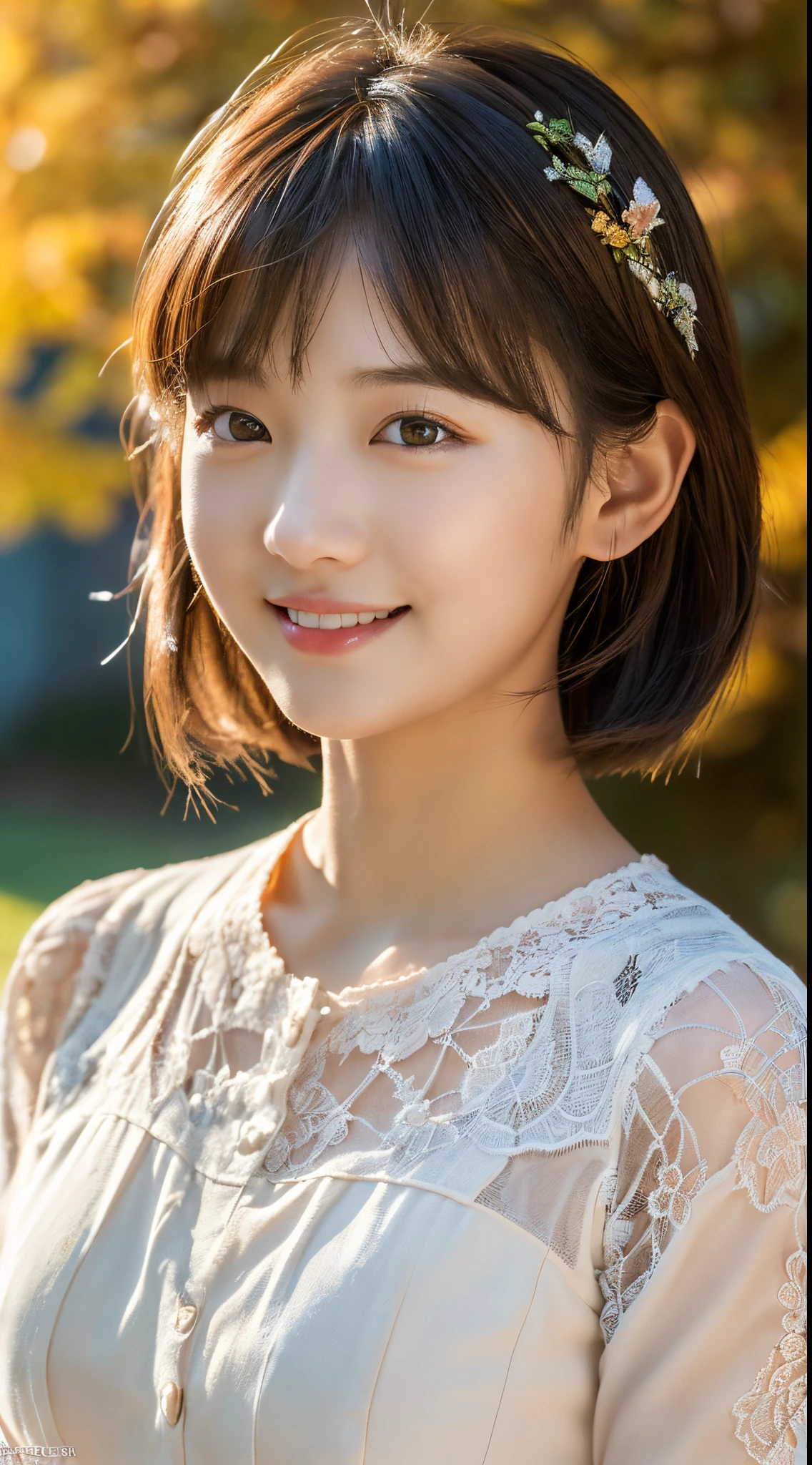 (A happy smile looking at this、Under the Autumn Sky、dressed casually、(daydream), 1girl in, Solo Images, Kim Yoo-jung, (Quite a young face (Russian)), Focus chest, (Insult Strip Color Hair), (Lace dress), (Highly realistic detail faces in 8k HD:1.5 (Soft Scene, Very low lightning), Detailed beautiful reflexed pupils, masutepiece:1.3, 超A high resolution:1.2, Dynamic lighting)