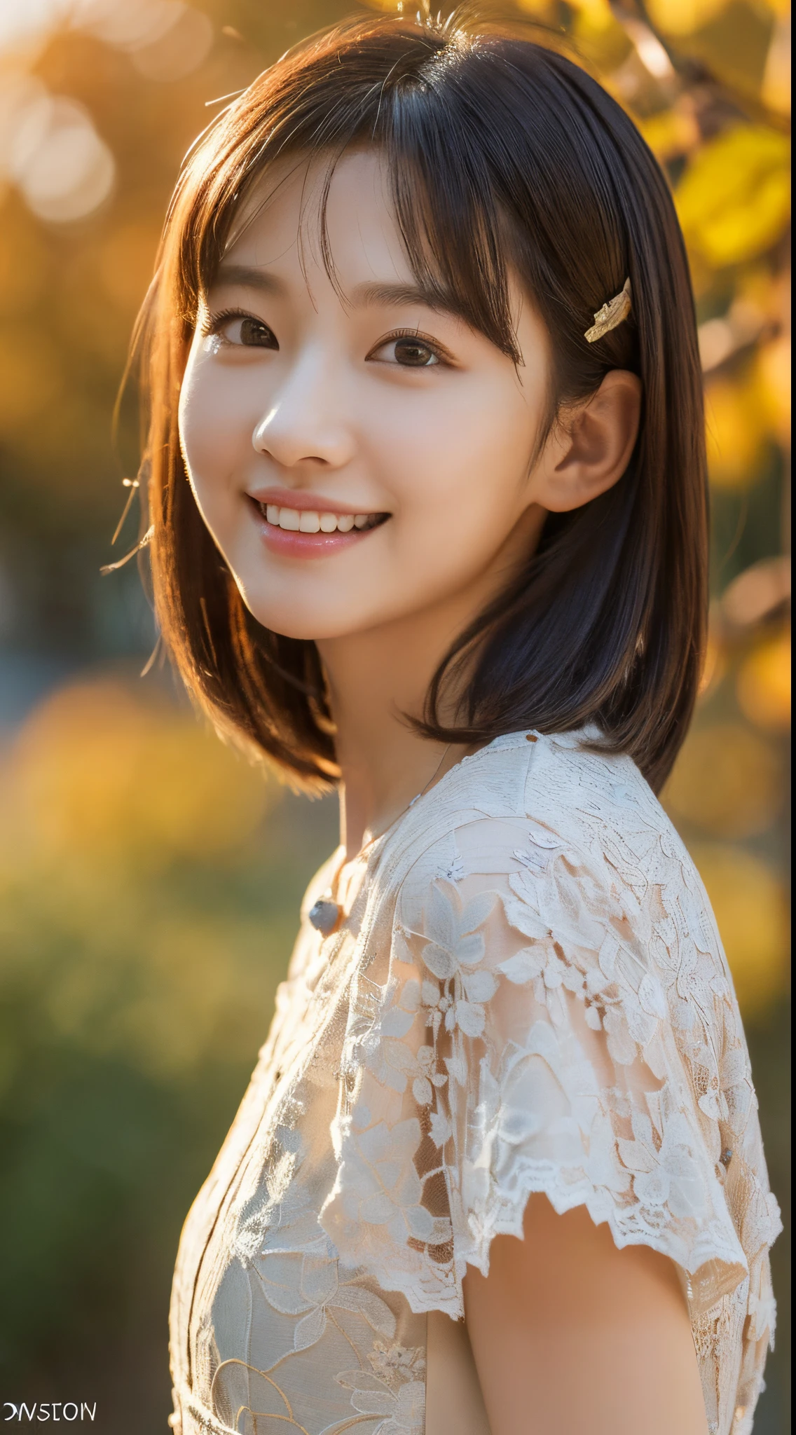 (A happy smile looking at this、Under the Autumn Sky、dressed casually、(daydream), 1girl in, Solo Images, Kim Yoo-jung, (Quite a young face (Russian)), Focus chest, (Insult Strip Color Hair), (Lace dress), (Highly realistic detail faces in 8k HD:1.5 (Soft Scene, Very low lightning), Detailed beautiful reflexed pupils, masutepiece:1.3, 超A high resolution:1.2, Dynamic lighting)
