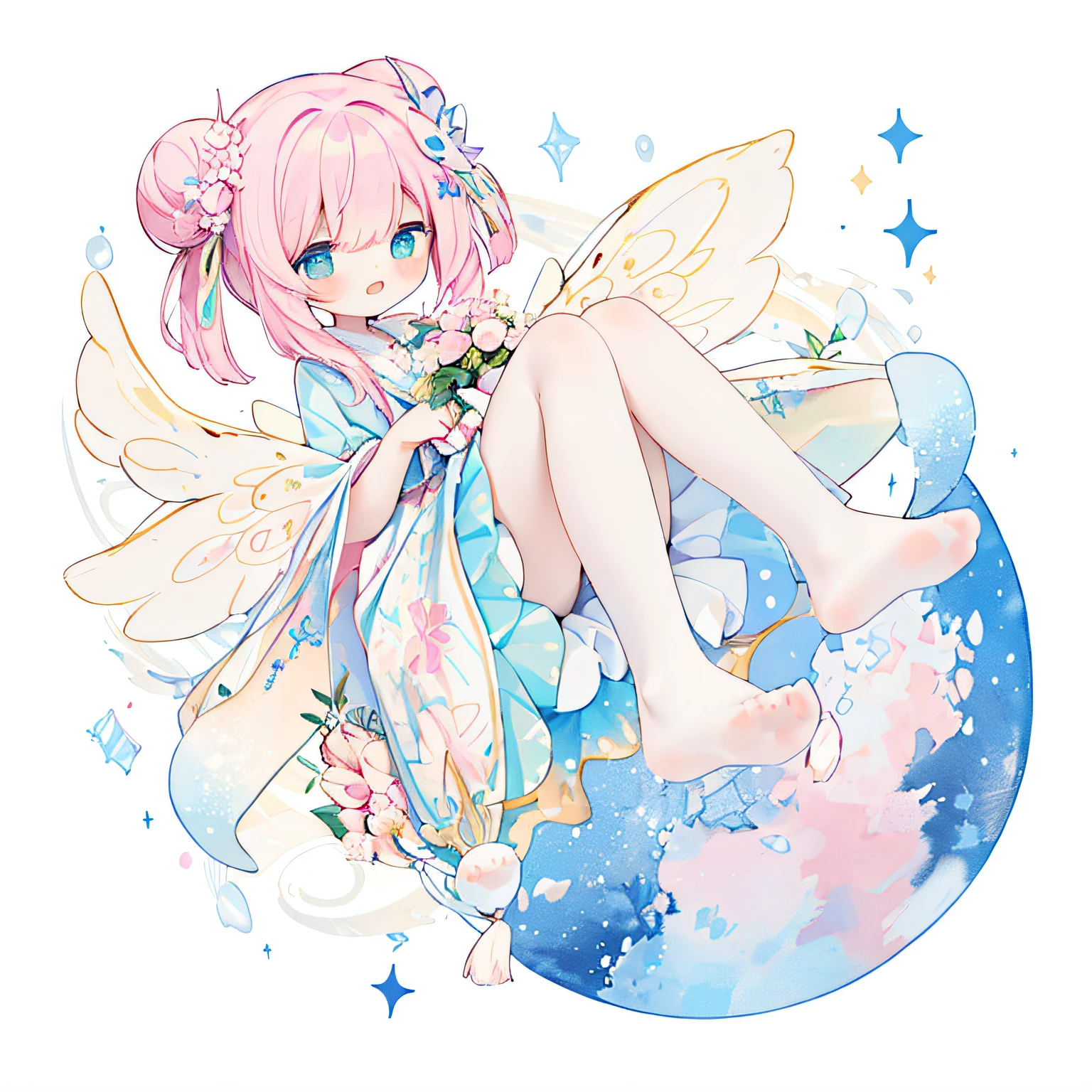 (PastelColors:1.3)、(Cute illustration:1.3)、(watercolor paiting:1.1)、(Wearing large transparent fairy wings with polka dots。。。。。。。。。。。。。。。。。。：1.3),Falling from the sky,Head down, feet up, Blue haired girl,improve,ultra wide-angle  ,Detailed background、Smile with open mouth、Beautifully detailed、Moya、colourfull、marble、Particles of light、Pattern ROM side、Shirayuki Noel、Snowflake、
Detailed drawing、Vibrant colors、striking contrast、intricate detailes、Delicate depiction、Luminescent、full body Esbian、From the side、Beautiful facial features、appropriate color eyes、Wearing intricate and delicate ornaments、glowing aura、Radiant hair,Illuminated by the morning light、Summer wreaths、Pale yellow background、Fairy with a bouquet Fairy、A pink-haired、Bun head、jumpping、levitation、Thick wool gown:0.4