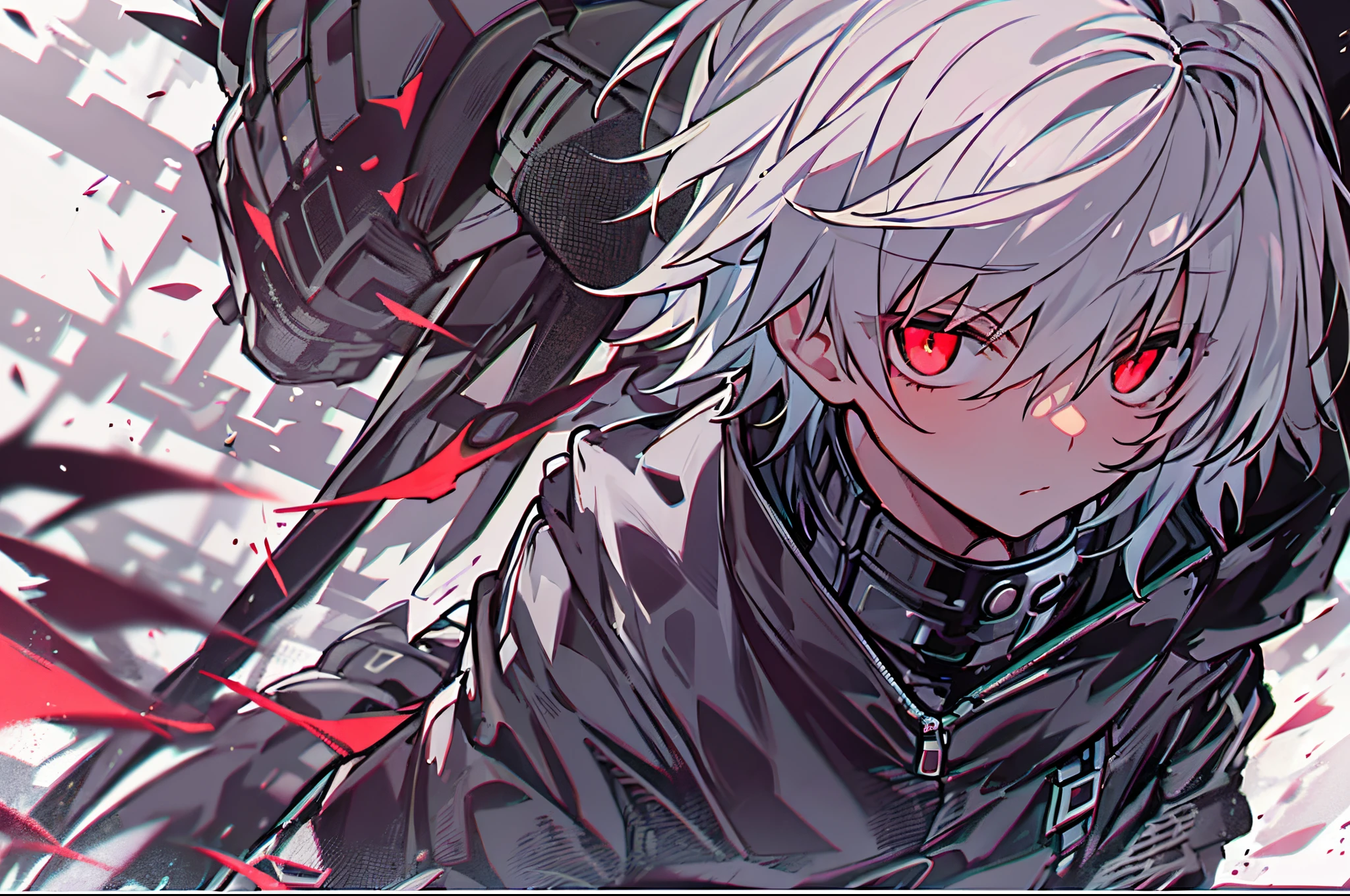 ((One Person)),Anime boy with white hair and red eyes staring at camera, Glowing red eyes,slim, dressed in a black outfit,monochromes,hair messy,deadpan、Diagonal angle,