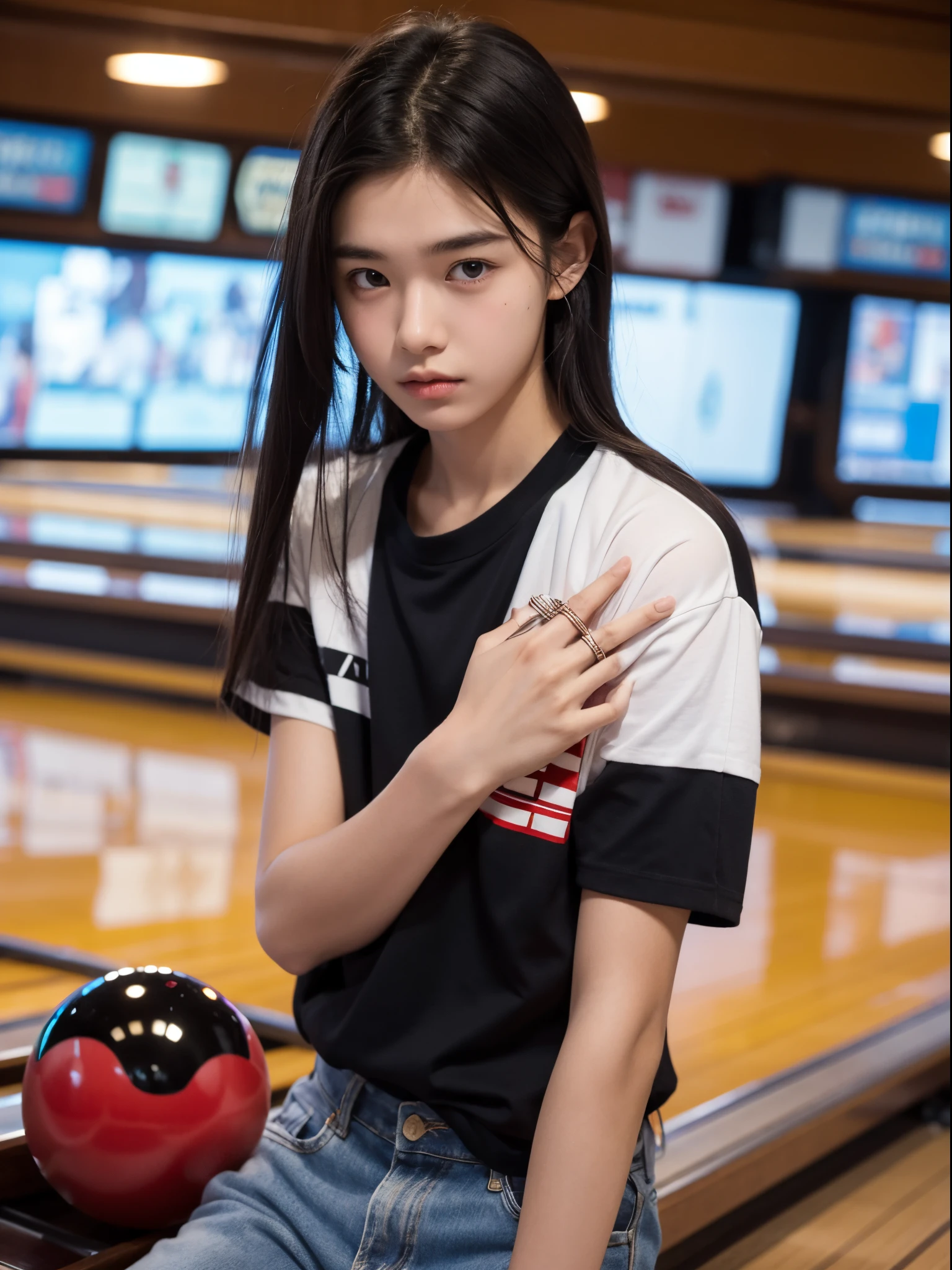 boy, 17 y.o, middle parted hair, shirt, rings, bowling alley