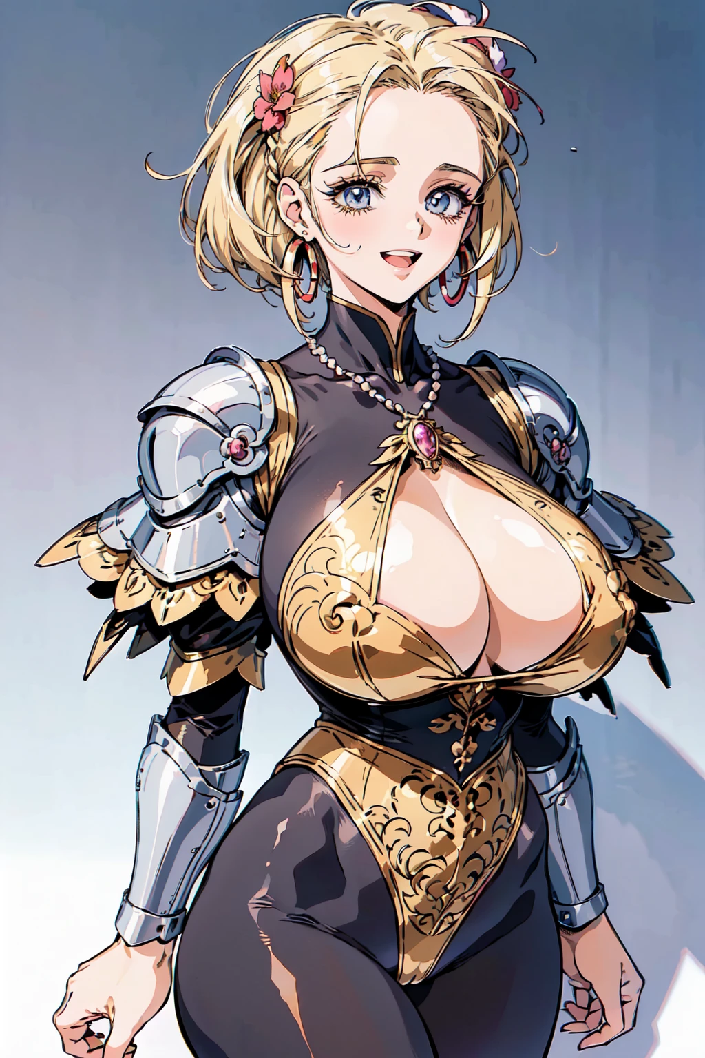 "(masterpiece:1.1), best quality,
1girl, (80s anime style:1.3), (eyelashes:1.5), (:1.2),
(intricate high detailed body:1.2),
(blonde hair:1.1), (forehead, hair slicked back:1.2), (twintails:1.1), (flower brooch, hair ornament:1.2),
red eyes,
(gigantic breasts:1.5),
(happy, smile:1.2), blush, open mouth,
(high cut leotard armor, cleavage cutout:1.2), (pantyhose:1.2),
(suspenders:1.1), (hoop earrings:1.1), necklace,
standing, leaning forward,
(upper body, cowboy shot, looking at viewer, from front:1.1),
(simple white background:1.2)"