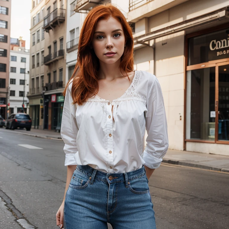 Create a realistic photo of a redheaded woman in a blouse and jeans!