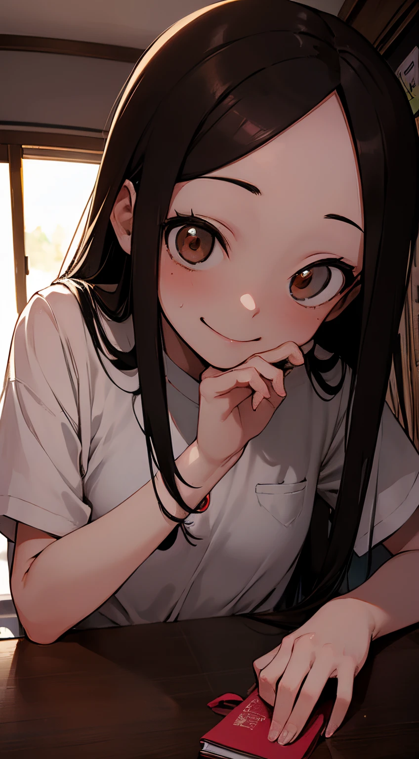 (((masterpiece))), Takagi, in a brighter outdoor, innocent smile, long hair, wearing school uniform