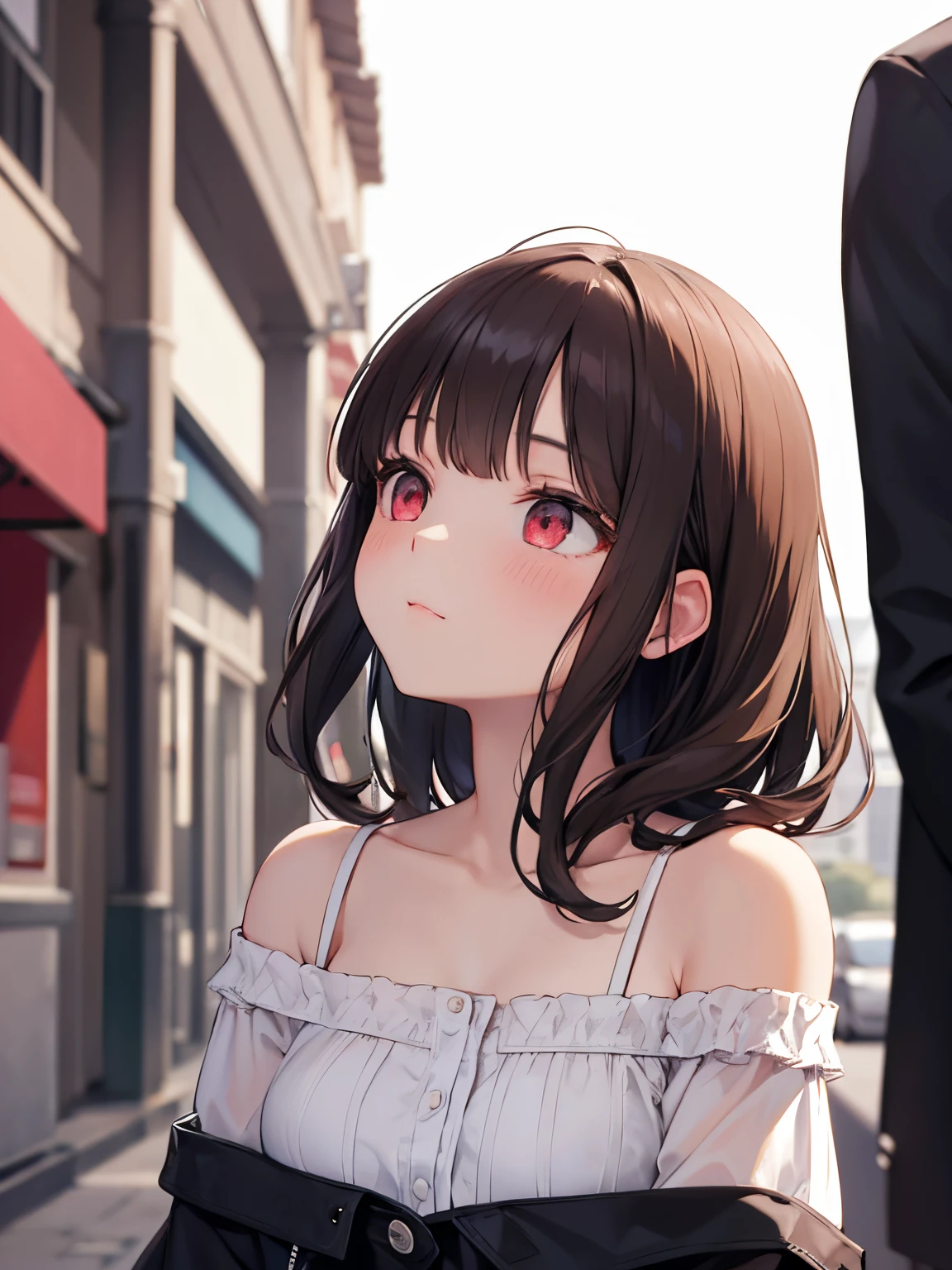 (looking up:1.2), (looking away:1.2), Side angle, ​masterpiece、top-quality、 A 25-year-old woman with long wavy brown bangs and red eyes.、BREAK She is wearing a white off-shoulder blouse.、BREAK blush, (close up of your face:1.1)、is standing、The background is a park、Upper body is shown、Alone、