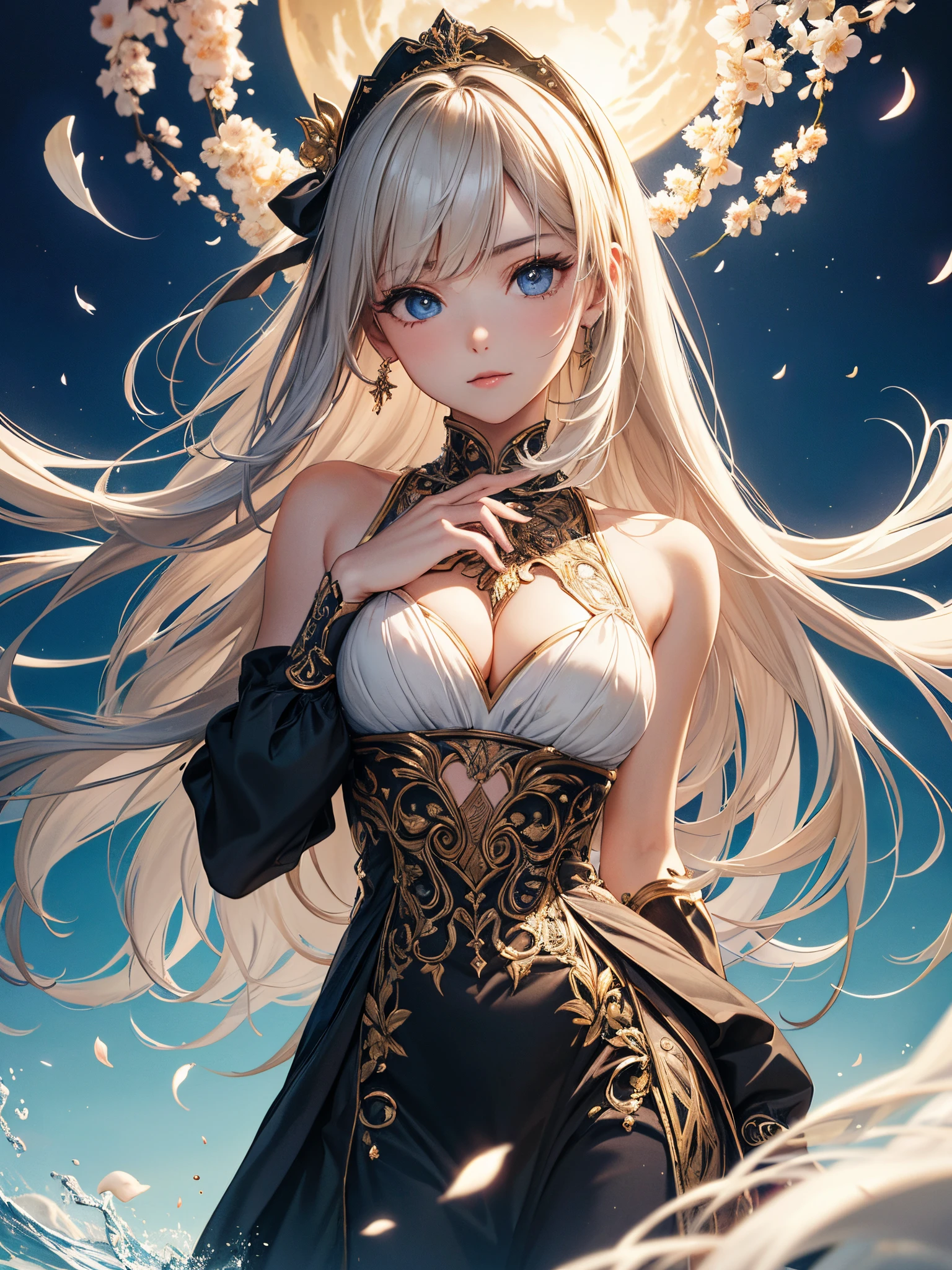 ((Finest quality)),(超A high resolution),(ultra-detailliert),(Meticulous portrayal),((Best Anime)),(Finest works of art),(Ultra-Precision Art),(The art of astounding depiction,Overwhelming depiction:1.5),(intricate and detailed art:1.6), (女性1人:1.5),(Very neat and beautiful face:1.6),Look here and wink:1.3, blowing wind:1.7,Soaring petals:1.6,Sparkling water surface:1.5,