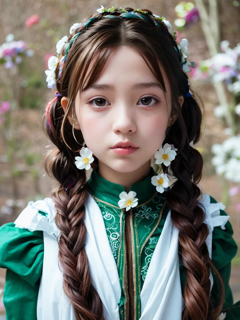 Princess dress,Colorful princess dreslue and white princess dress,There are ink flowers on the princess dress,Colorful braids,Character background extremely blurry,Character background extremely blurry,Outdoor background extremely blurry,The background of the garden extremely blurry,Outdoor garden background extremely blurry